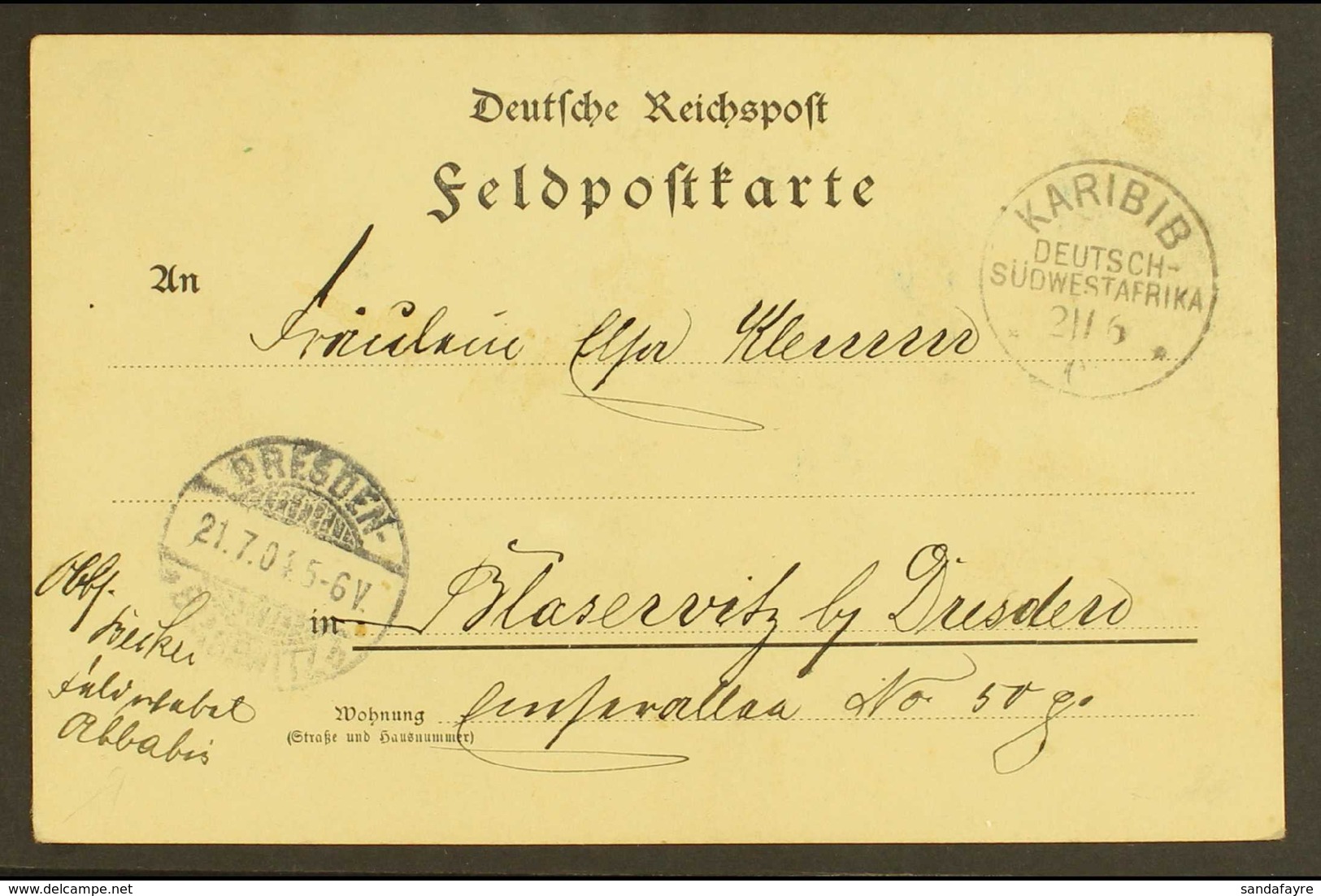 SOUTH WEST AFRICA 1904 (21 Jun) Stampless Feldpost Card (written At Abbabis) To Germany With Very Fine "KARIBIB" Cds, Al - Sonstige & Ohne Zuordnung