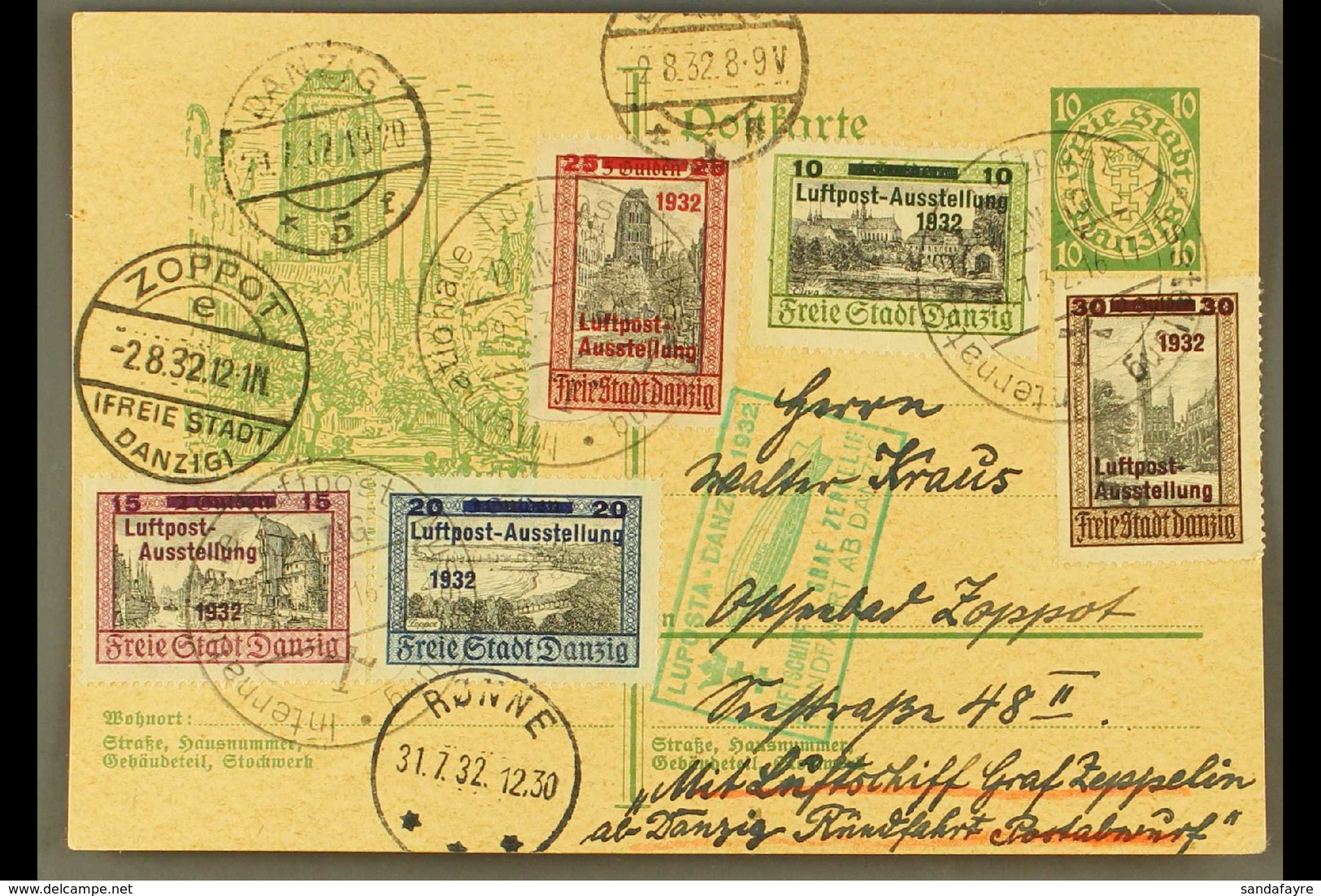 1932 Danzig Flight, Illustrated 10pf Stationery Card Franked 1932 Airmail Exhibition Set Complete Tied By Exhibition Can - Andere & Zonder Classificatie