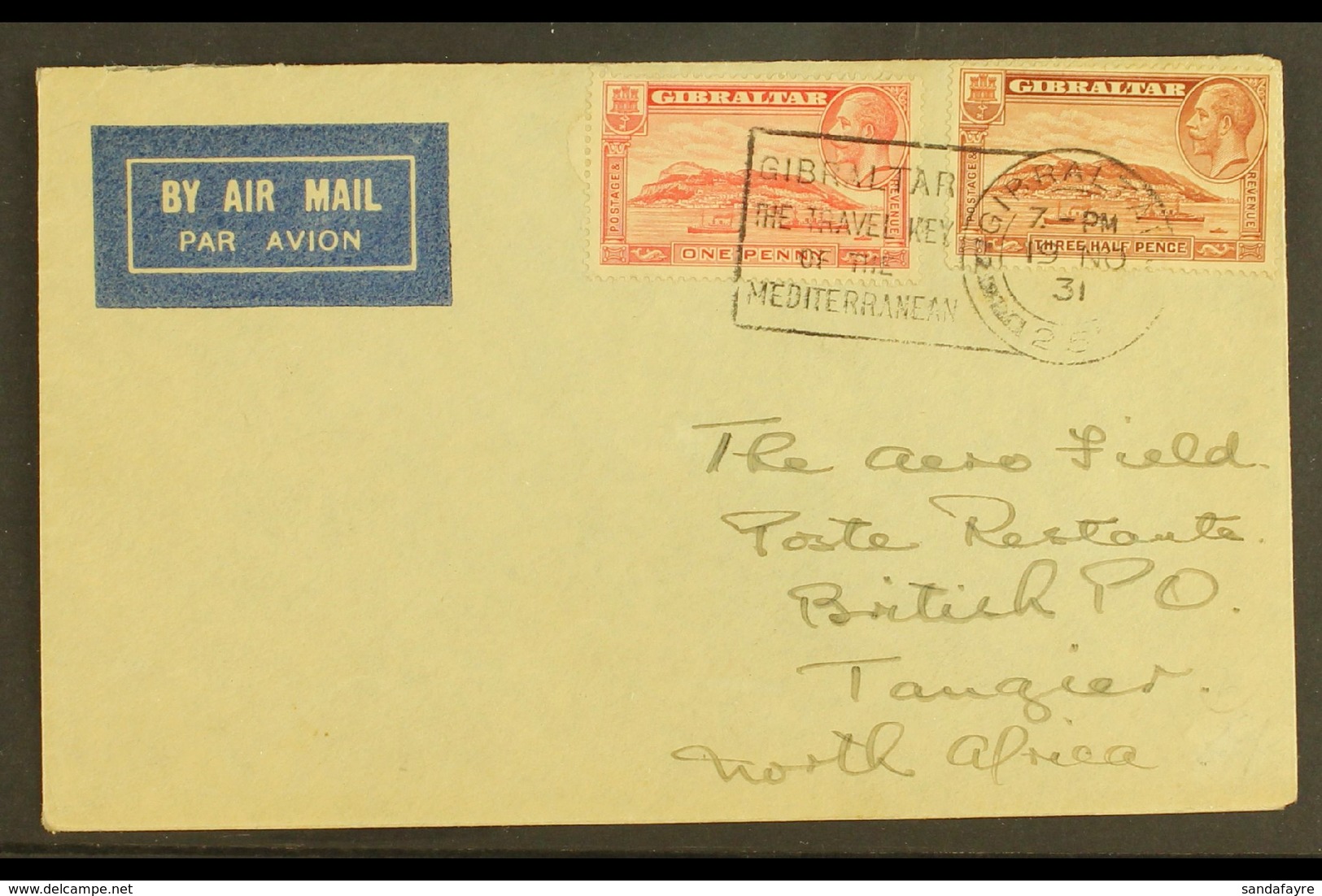 1931 (19 Nov) Airmail Cover Carried On The Second Flight From Gibraltar To Tangier On 20th November, Bearing 1d & 1½d 'T - Gibraltar