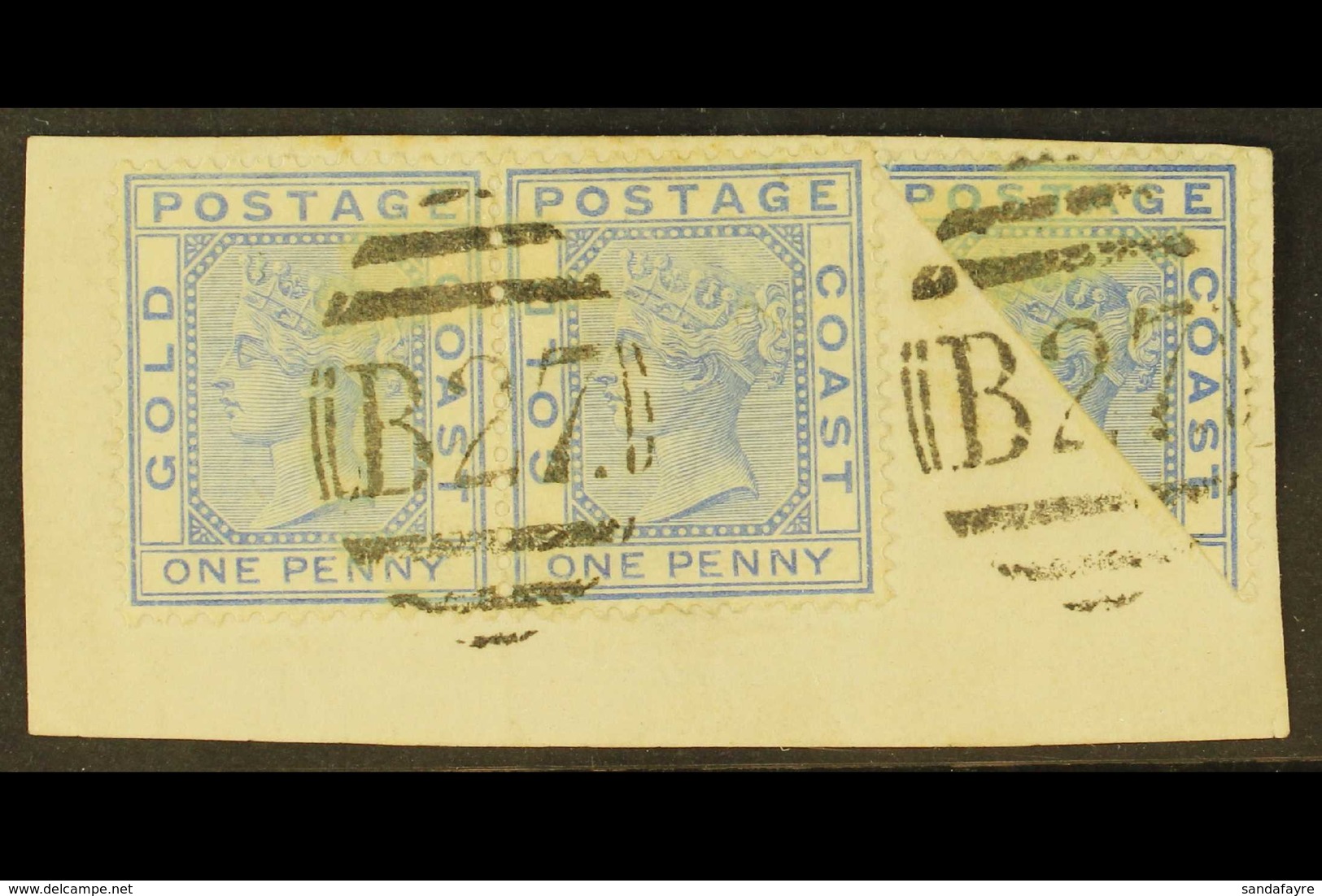 1876-84 1d Blue - Perf 14, Pair & Bisect "on Piece", SG 5/5a, Tied By "B 27" Barred Cancellations. A Seldom Seen Item (1 - Goldküste (...-1957)