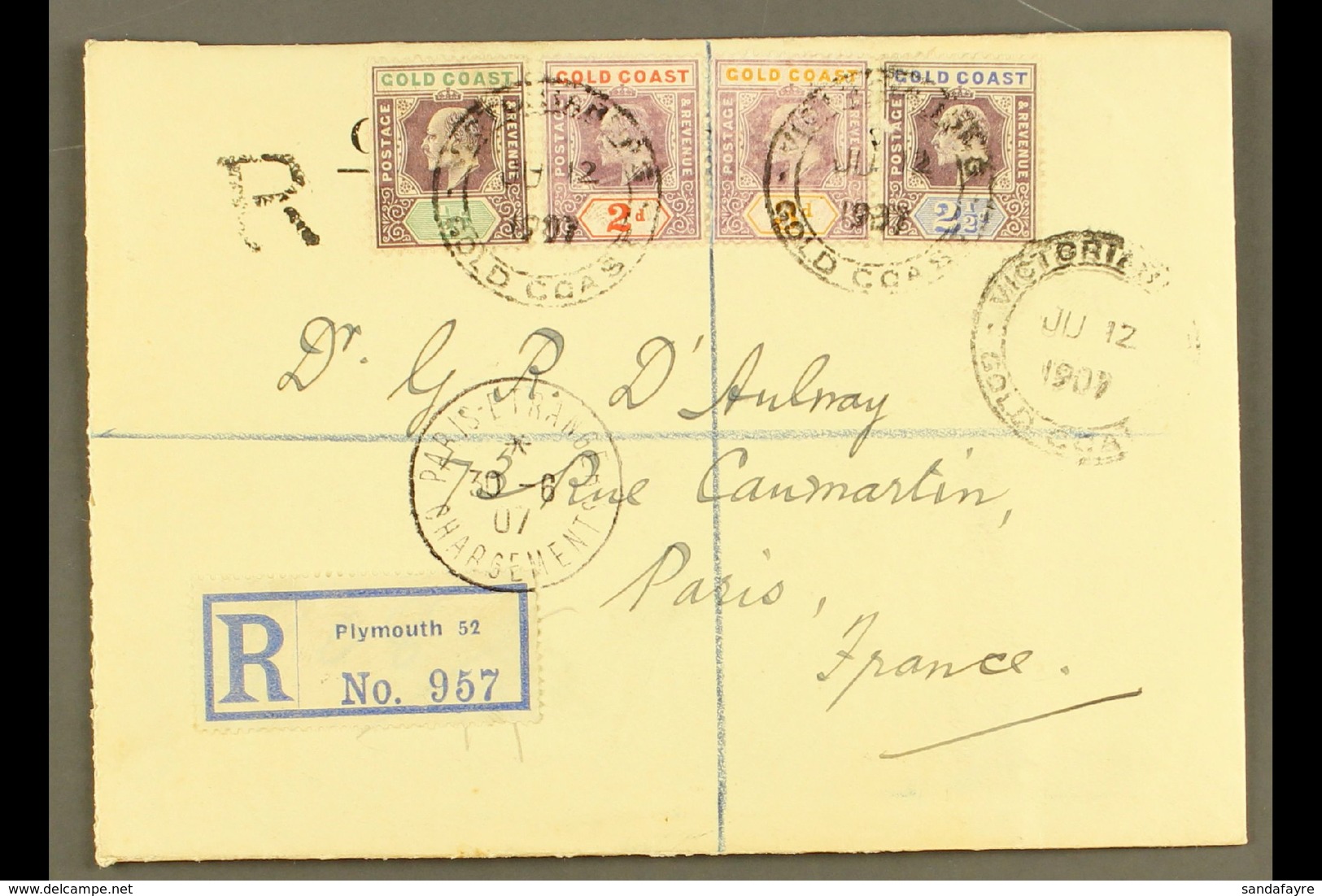 1907 Registered Cover To France Franked Ed VII ½d To 2½d Tied By Victoriaborg Ju 12 1907 Double Ring Cds Cancels With Ha - Gold Coast (...-1957)