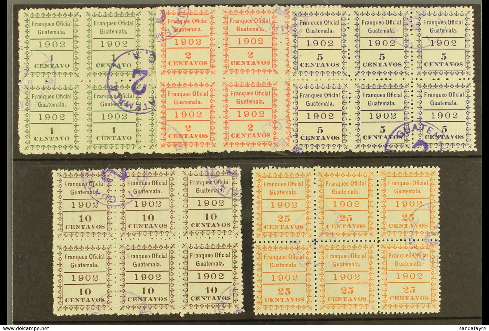 OFFICIALS 1902 Set Complete, Scott O1/5, Each A Very Fine Used BLOCKS OF SIX, Some Stamps Showing Parts Of Sheet Waterma - Guatemala