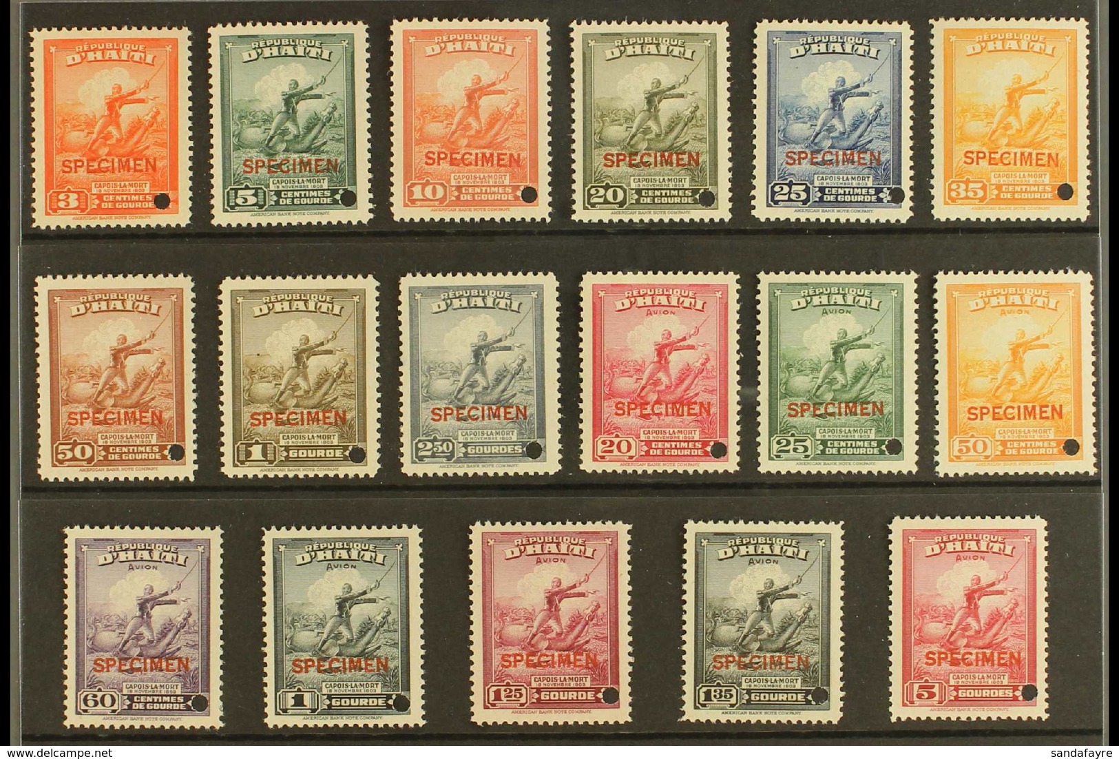 1946 "Capois-la-Mort" Postage And Air Complete Set, SG 400/16, Overprinted "SPECIMEN" And With Security Punch Hole, Neve - Haiti