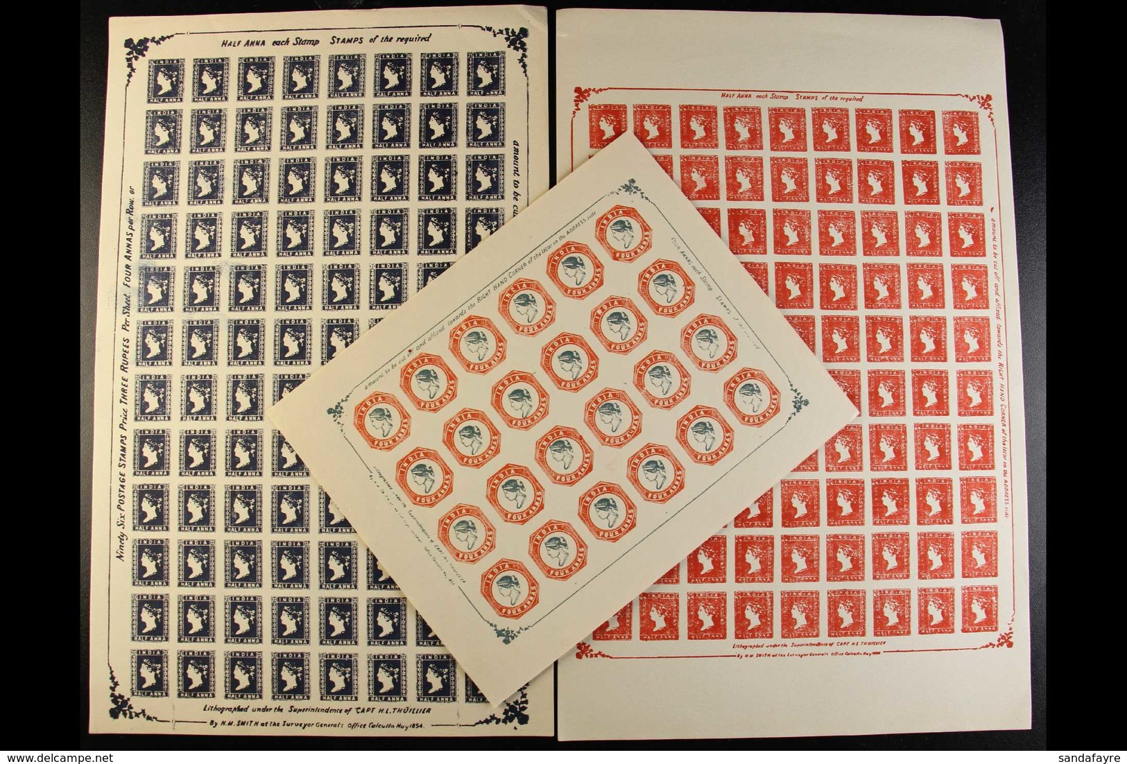 1854 FORGED COMPLETE IMPERF SHEETS. ½a Vermilion (as SG 1) Sheet Of 90, ½a Blue (as SG 2) Sheet Of 96 And 4a Blue & Red  - Sonstige & Ohne Zuordnung