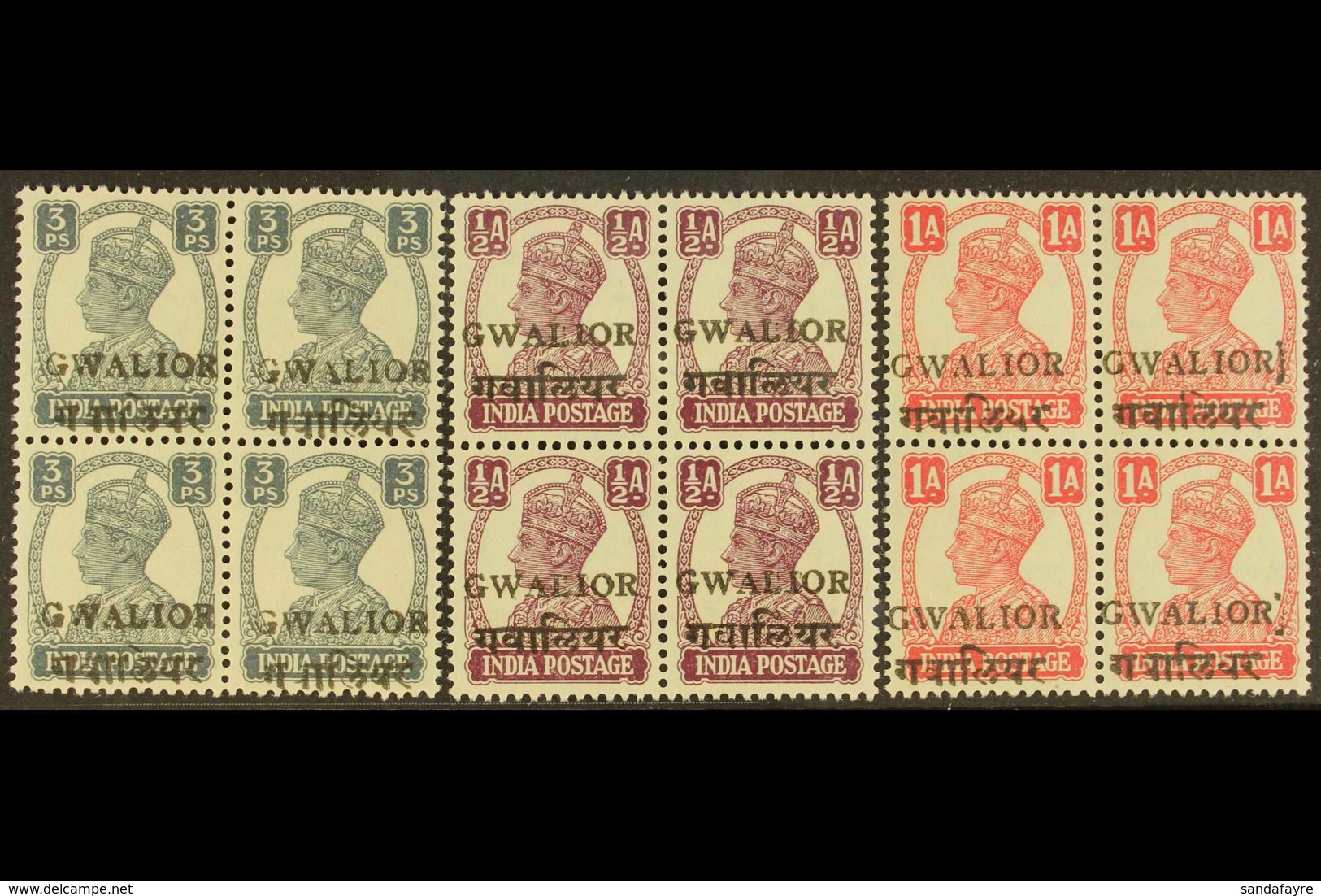 GWALIOR 1949 3p, ½a & 1a Alizah Overprints, BLOCKS OF FOUR, SG 129/31, Never Hinged Mint (3 Blocks). For More Images, Pl - Other & Unclassified
