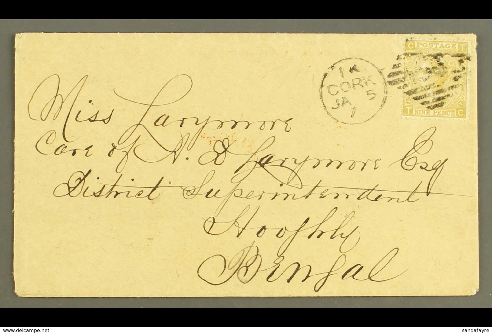 1871 COVER FROM CORK TO BENGAL 1871 (5 Jan) Cover To Hooghly, Bengal, Bearing GB 1867 9d Straw Plate 4, SG 110, Tied By  - Sonstige & Ohne Zuordnung