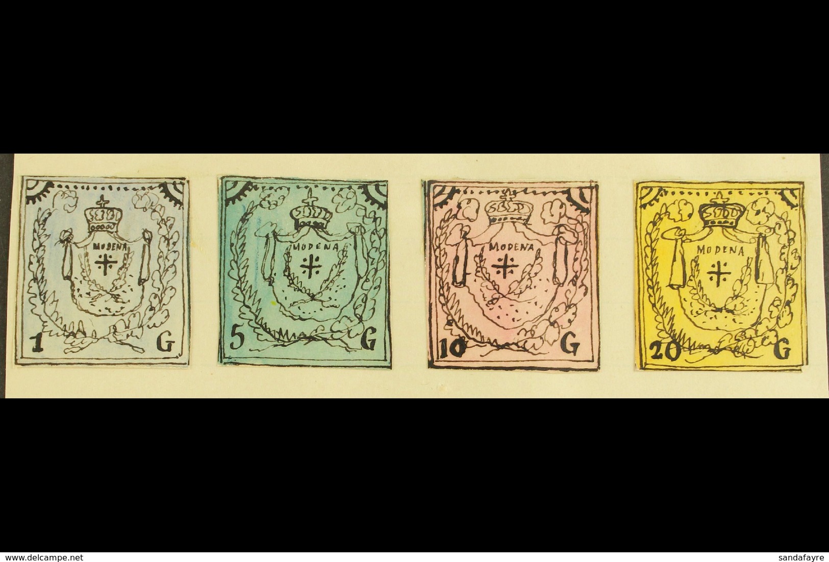 1861 HAND PAINTED STAMPS Unique Miniature Artworks Created By A French "Timbrophile" In 1861. MODENA Four Values Only Va - Ohne Zuordnung