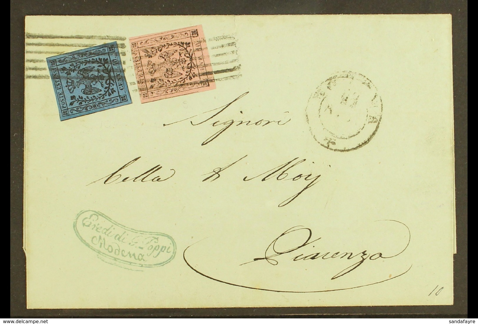 MODENA 1853 Cover To Piacenza Franked Modena 10c On Rose With Stop And 40c On Deep Blue With Stop (Sass 9 & 10) Tied By  - Ohne Zuordnung