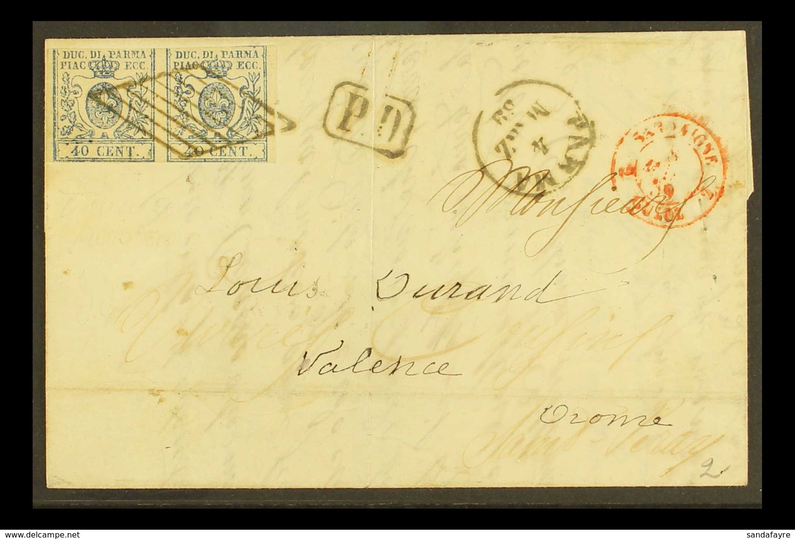 PARMA 1859 Cover To France Franked 40c Blue Horizontal Pair, Showing The Variety "Thin And Fat O In Pair", Sass 11d, Cut - Zonder Classificatie