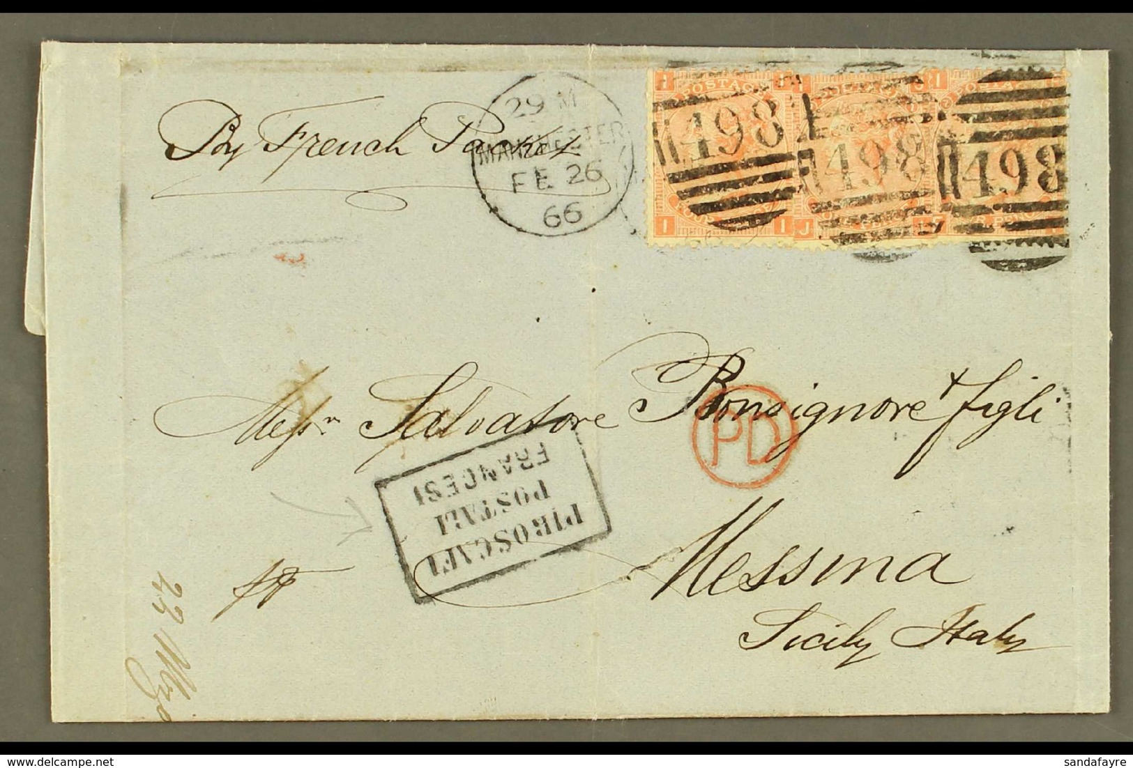 SICILY "PIROSCAFI POSTAL FRANCESI" 1866 (26 Feb) EL From England To Messina Bearing Three GB 4d Vermilions (SG 94) Tied  - Zonder Classificatie