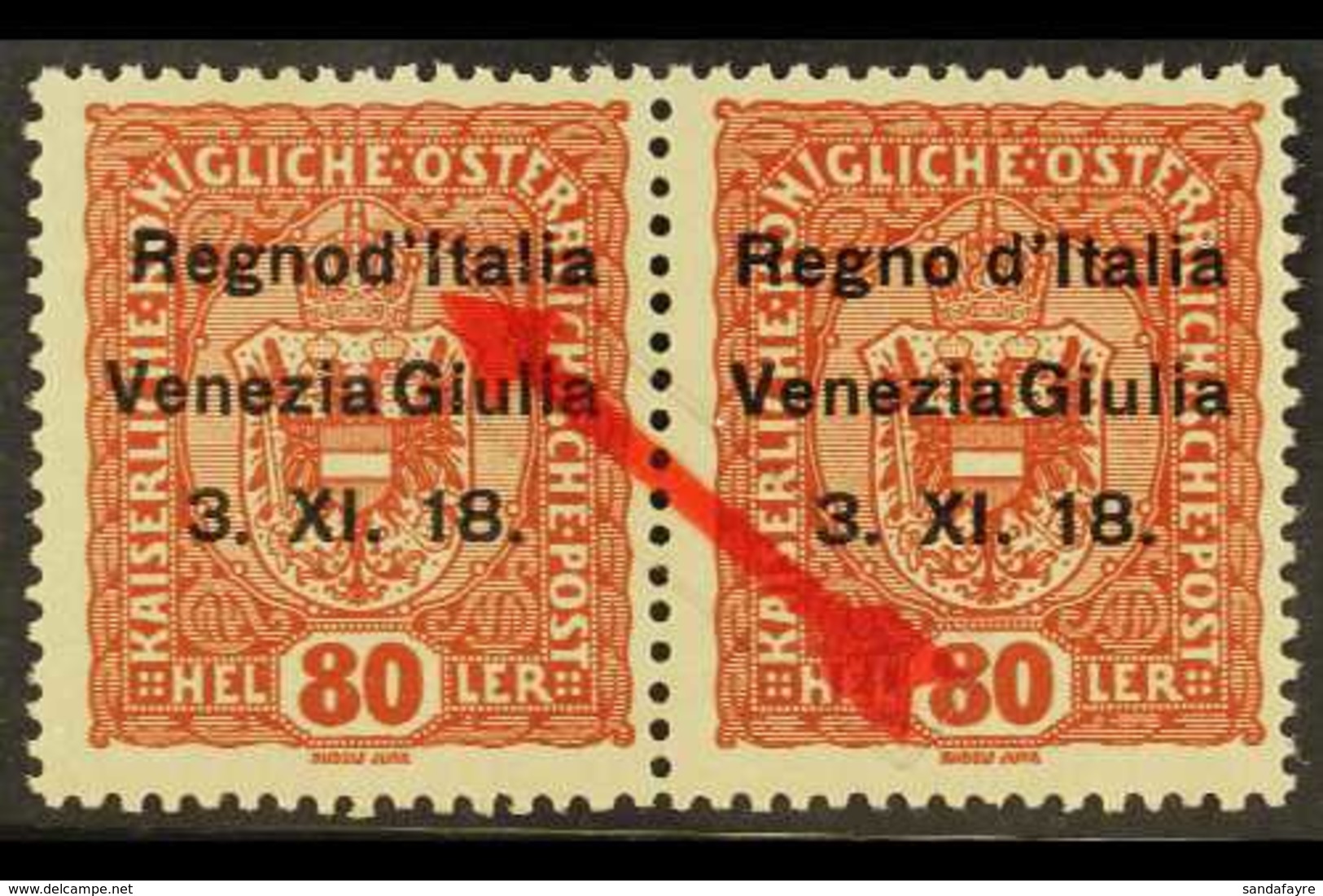 VENEZIA GIULIA 1918 80h Red Brown Overprinted, Variety 'Regnod', Sass 13n, In Pair With Normal, Very Fine Never Hinged M - Ohne Zuordnung