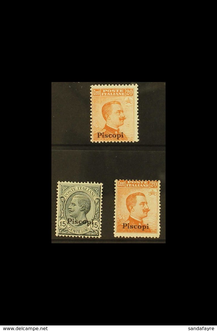 AEGEAN IS - PISCOPI 1917 - 22 20c Orange No Wmk, 1922 15c Grey And 20c Orange With Wmk, Sass 9/11, Fine Mint. (3 Stamps) - Sonstige & Ohne Zuordnung