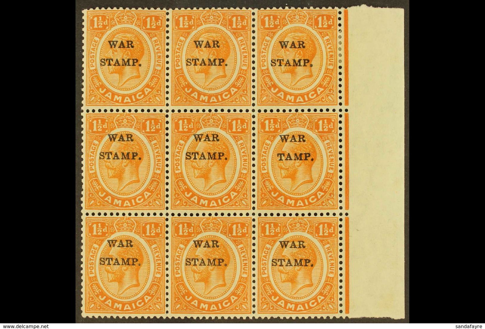 1916 1½d Orange Ovptd "War Stamp", Variety "S In Stamp Omitted", SG 71b, In Marginal Block Of 9 With Normals, Superb NHM - Jamaica (...-1961)