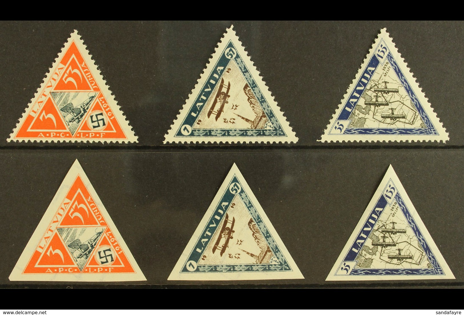 1933 Wounded Airmen Triangular Perforated & Imperforate Sets, Mi 225A/227A & 225B/227B, SG 240A/42A & 240B/42B, Fine Min - Latvia