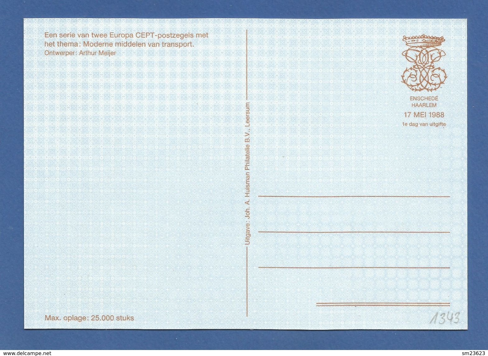 Nederland 1988  Mi.Nr. 1343 , EUROPA  CEPT - Transport- Und Kommunikationsmittel - Maximum Carte - 17.V.88 - 1988