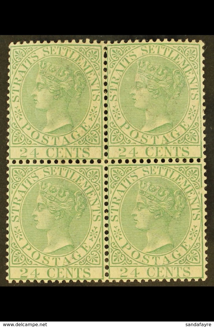 1883 24c Yellow Green, Wmk CA, SG 68, Very Fine Lightly Hinged Mint Block Of 4. For More Images, Please Visit Http://www - Straits Settlements