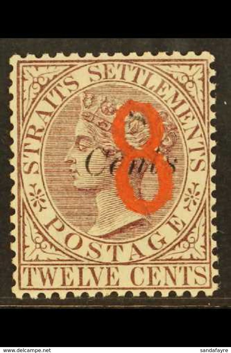 1884 "8" On 8c On 12c Dull Purple, SG 80, Superb Mint Og. For More Images, Please Visit Http://www.sandafayre.com/itemde - Straits Settlements