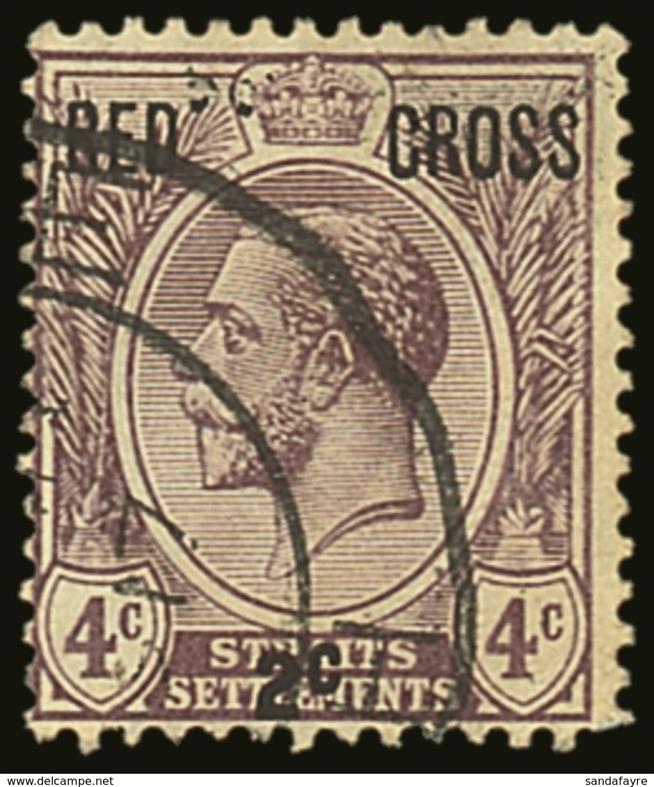 STRAITS SETTLEMENTS 1917 4c + 2c Dull Purple, Red Cross Surcharge, Variety "No Stop After 2c", SG 217a, Thinned At Foot  - Straits Settlements