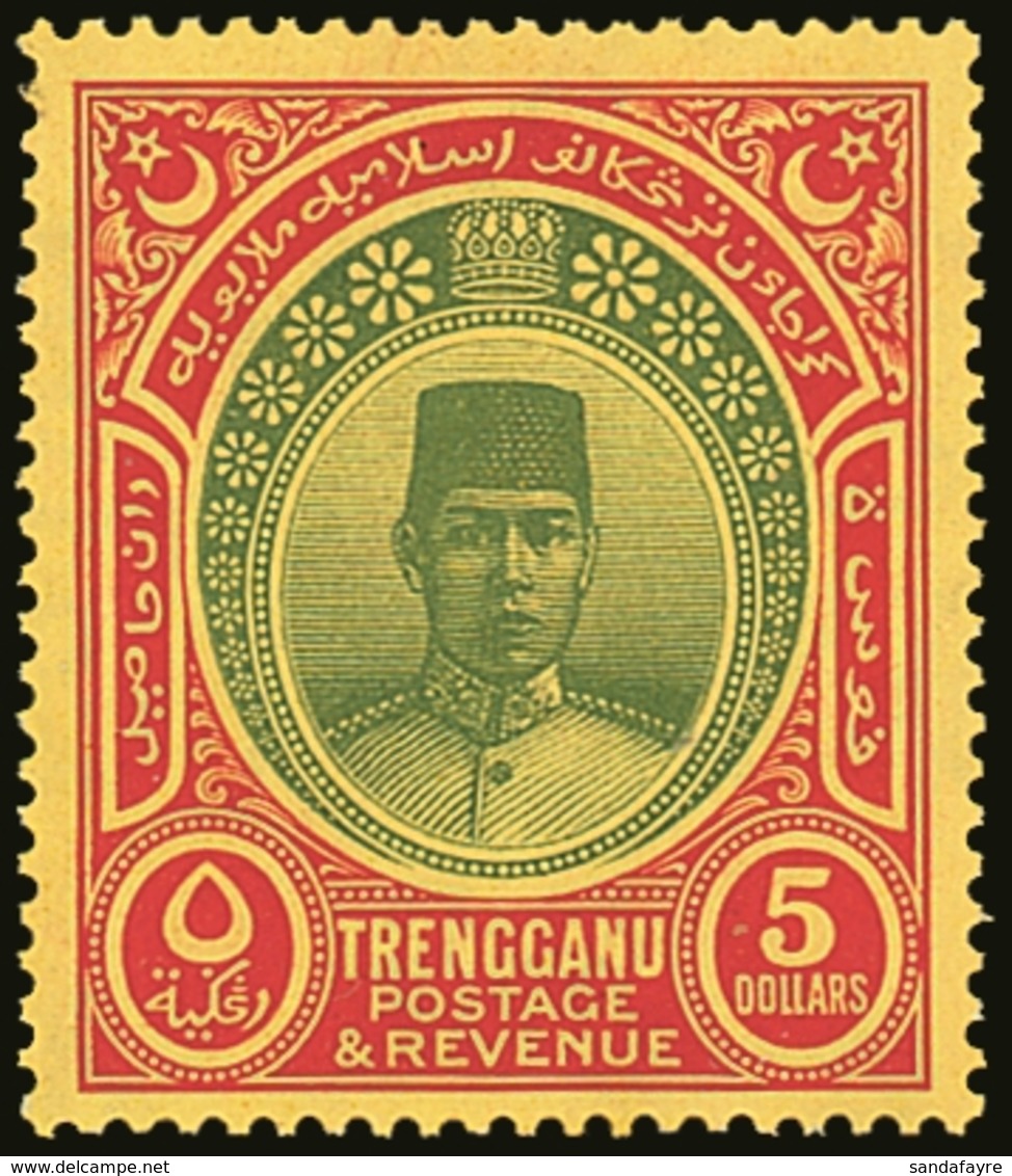 TRENGGANU 1938 $5 Green And Red On Yellow, Wmk Mult Script CA, SG 44, Very Fine Mint. Fresh & Attractive. For More Image - Andere & Zonder Classificatie