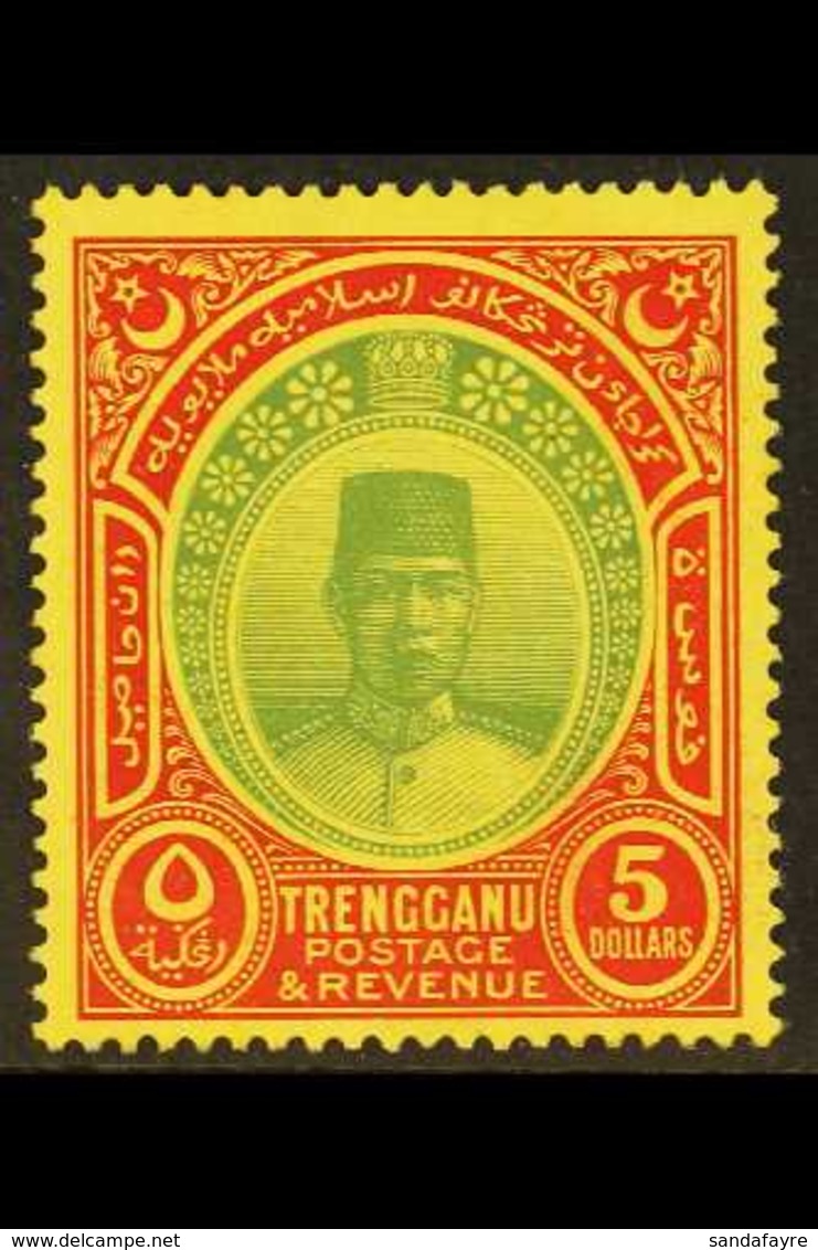 TRENGGANU 1921-41 $5 Green And Red/yellow, Wmk Mult Script CA, SG 44, Very Fine Mint. For More Images, Please Visit Http - Sonstige & Ohne Zuordnung