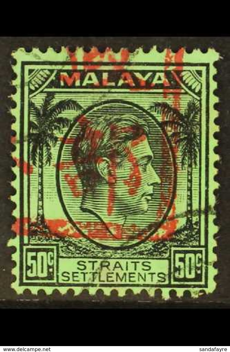 MALACCA 1942 50c Black On Emerald, Straits Settlements, With Part "Malacca Chop" Overprint, SG J54, Superb Used. Rare St - Sonstige & Ohne Zuordnung