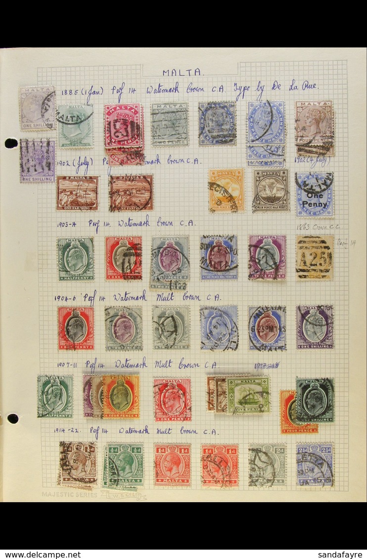 1863-1952 USED COLLECTION Presented On "Busy" Old Interleaved Pages. Includes QV To 1s Shades, KEVII To Various 1s, KGV  - Malta (...-1964)