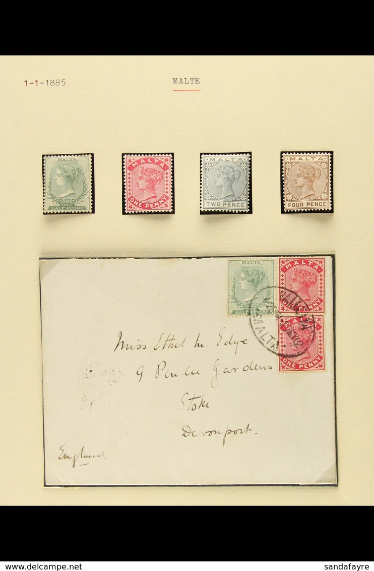 1885-1890 SMALL COLLECTION On Pages, Comprising 1885-90 Range To 4d Mint Plus 1s Used, Plus Cover Bearing ½d & 1d (x2),  - Malta (...-1964)