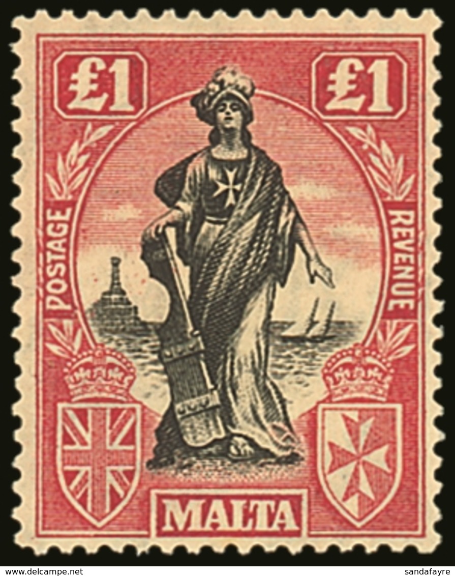 1925 £1 Black And Bright Carmine, Watermark Upright  SG 140, Fine Mint.  For More Images, Please Visit Http://www.sandaf - Malta (...-1964)