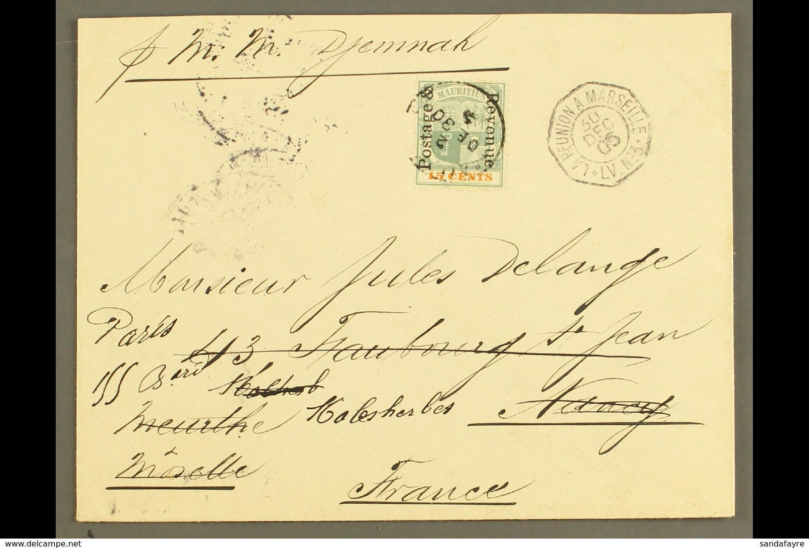 1905 (30 Dec) Env To France Bearing 1902 15c "Postage & Revenue" Opt'd Value (SG 159) Tied Mauritius Cds With French Mai - Mauritius (...-1967)