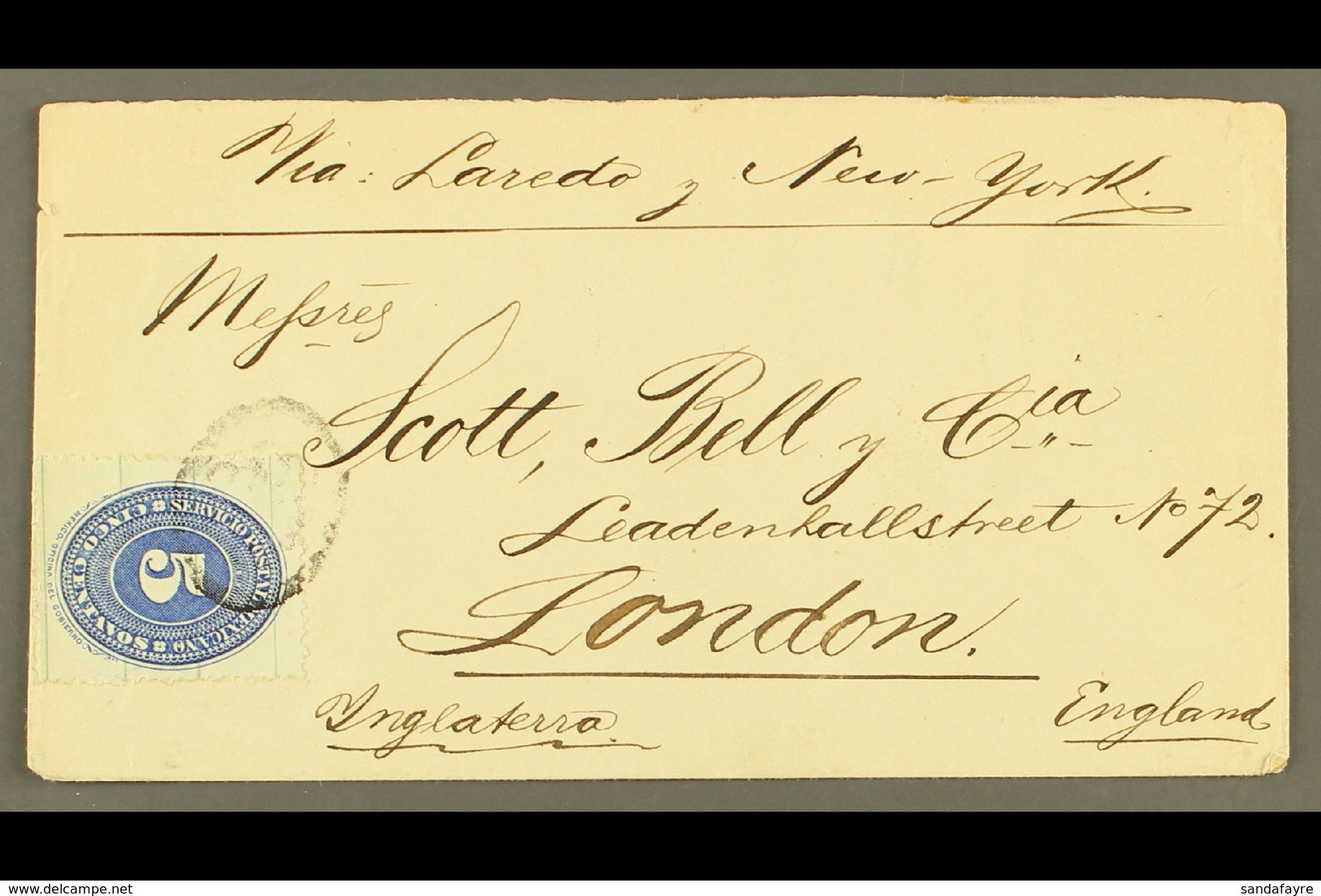 1888 (8 Aug) Cover From Matehuala To London, Bearing 1887 5c Ultramarine With Coloured Ruled Lines Perf 12 (Scott 198) T - Mexico