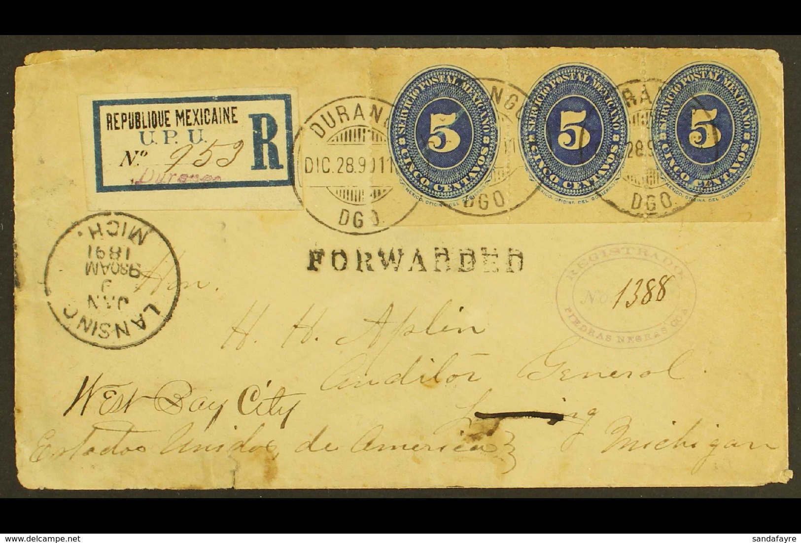 1890 (28 Dec) Registered Cover To USA (there Forwarded), Bearing 5c Ultramarine Numerals Strip Of 3 (Scot 216, SG 191) T - México