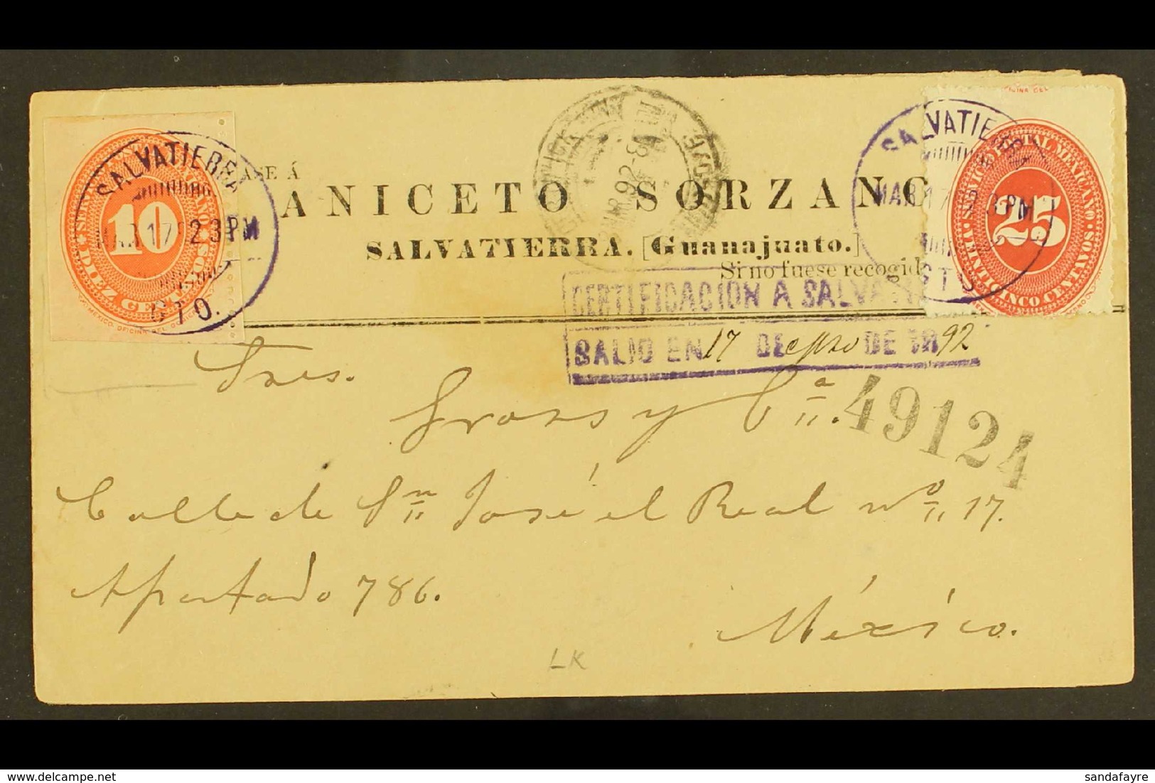 1892 (17 March) Registered Cover Addressed To Cuidad San Jose El Real, Mexico, Bearing 10c Vermilion & 25c Scarlet Numer - Mexiko