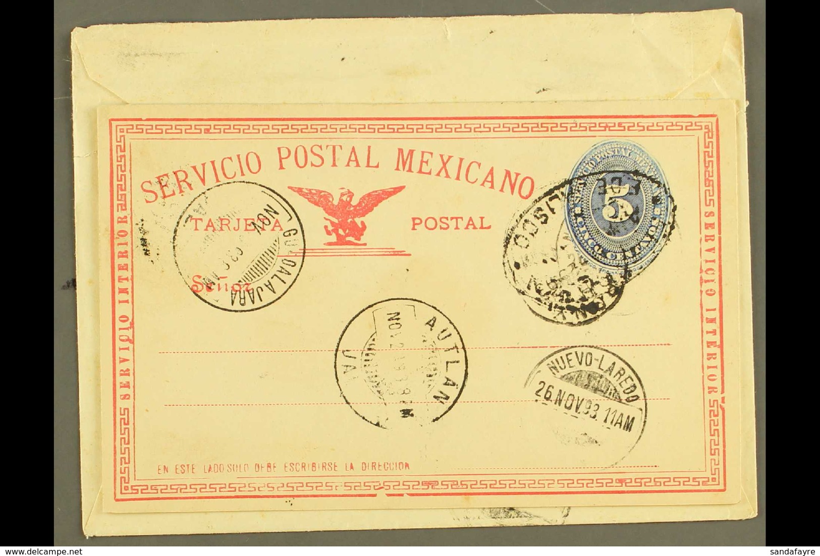 1893 (Nov) Cover Addressed To USA, Bearing (on Reverse) Complete 5c Blue Numeral Postal Stationery CARD ATTACHED INSTEAD - Mexico