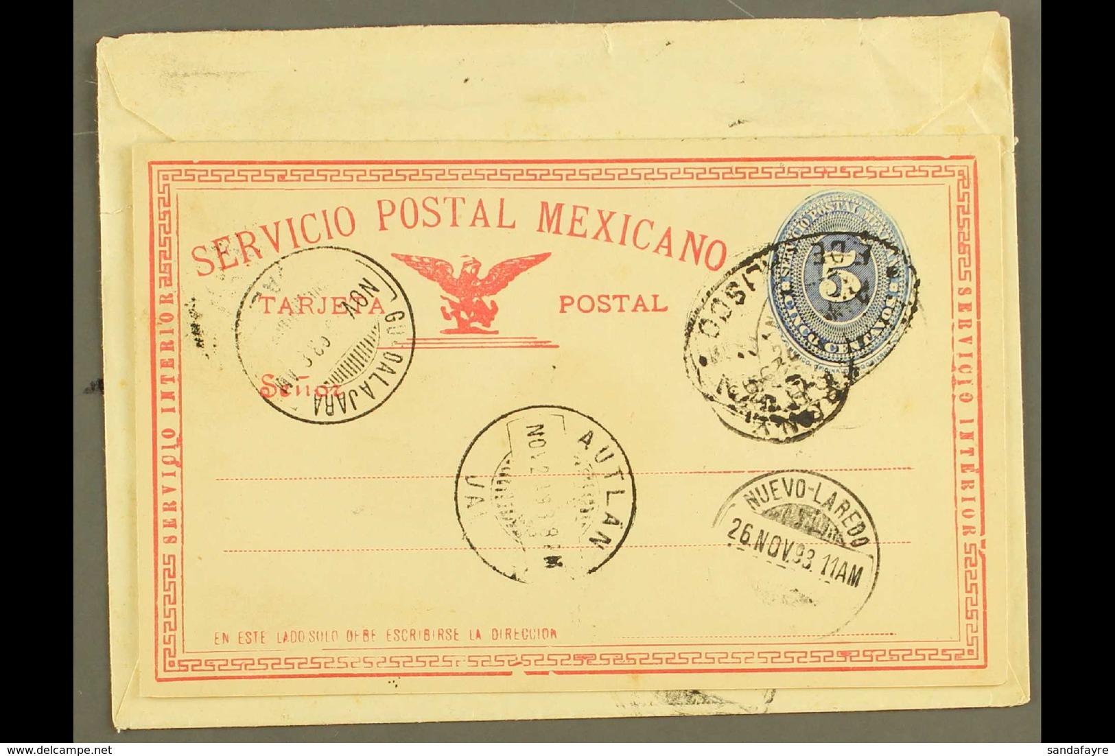 1893 (Nov) Cover Addressed To USA, Bearing (on Reverse) Complete 5c Blue Numeral Postal Stationery CARD ATTACHED INSTEAD - Mexiko