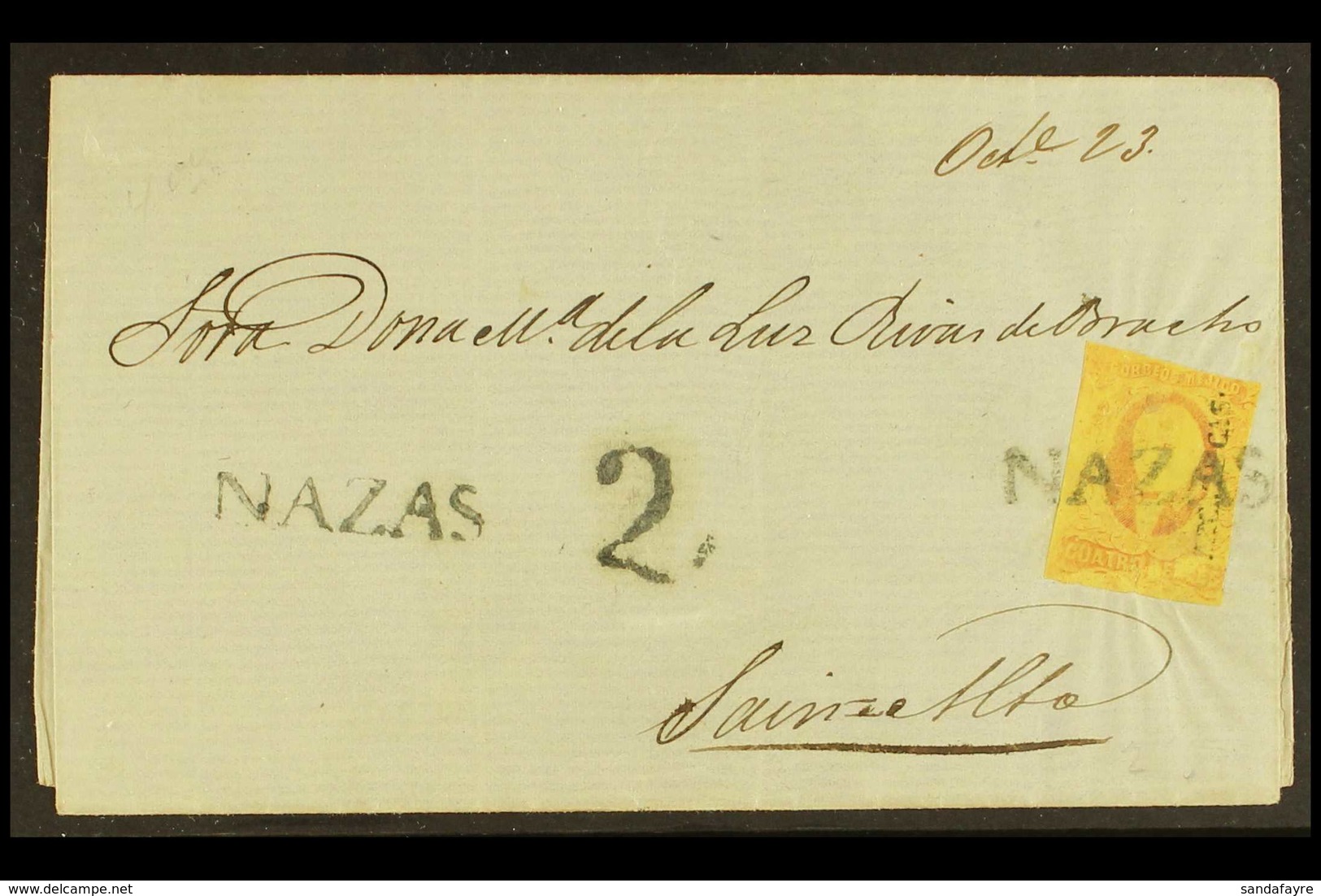 ZACATECAS DISTRICT Cover From Nazas To Sain Alto Bearing 1861 4r Dull Rose On Yellow Paper (Scott 10), Tied By Straight  - Mexico