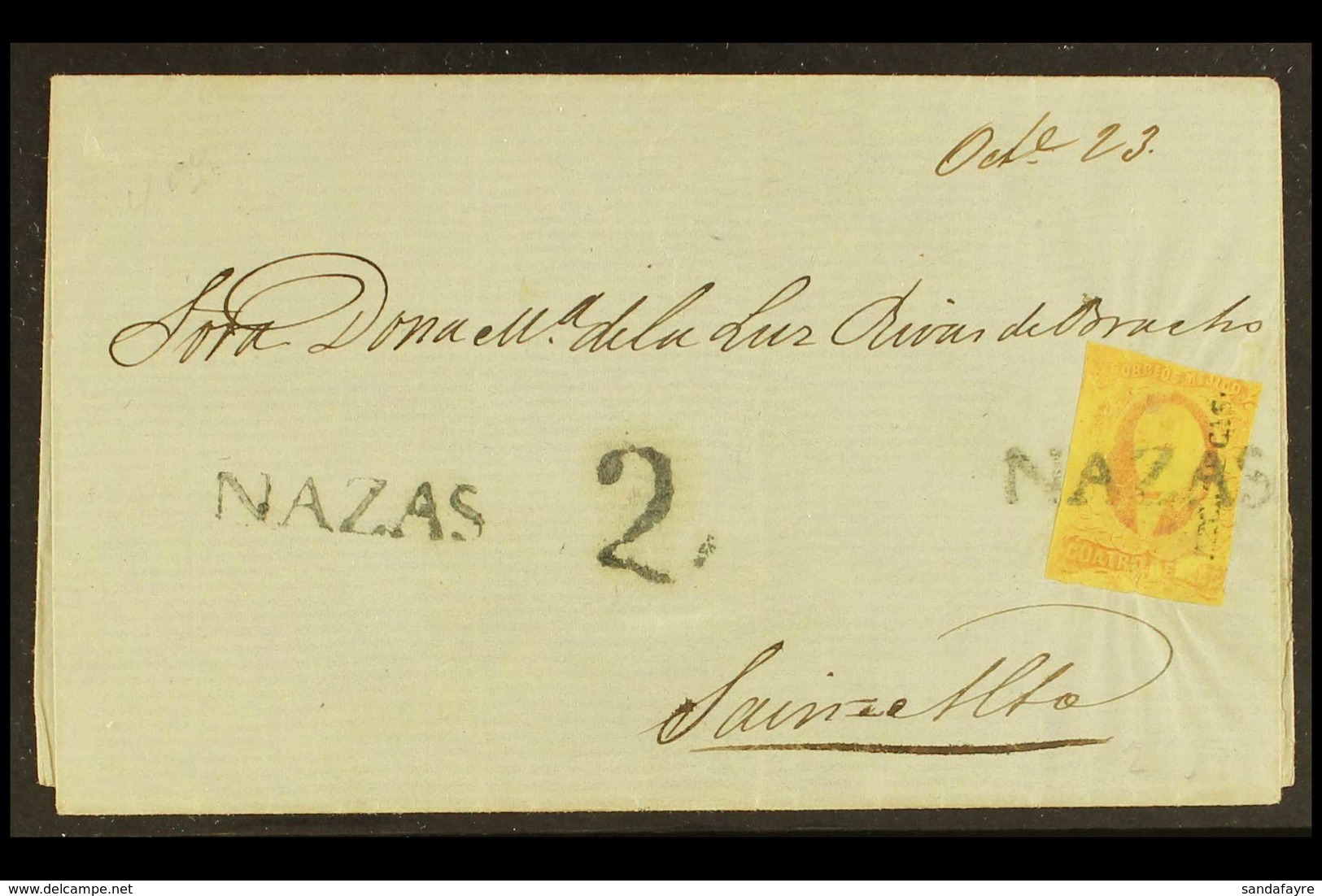 ZACATECAS DISTRICT Cover From Nazas To Sain Alto Bearing 1861 4r Dull Rose On Yellow Paper (Scott 10), Tied By Straight  - Mexiko