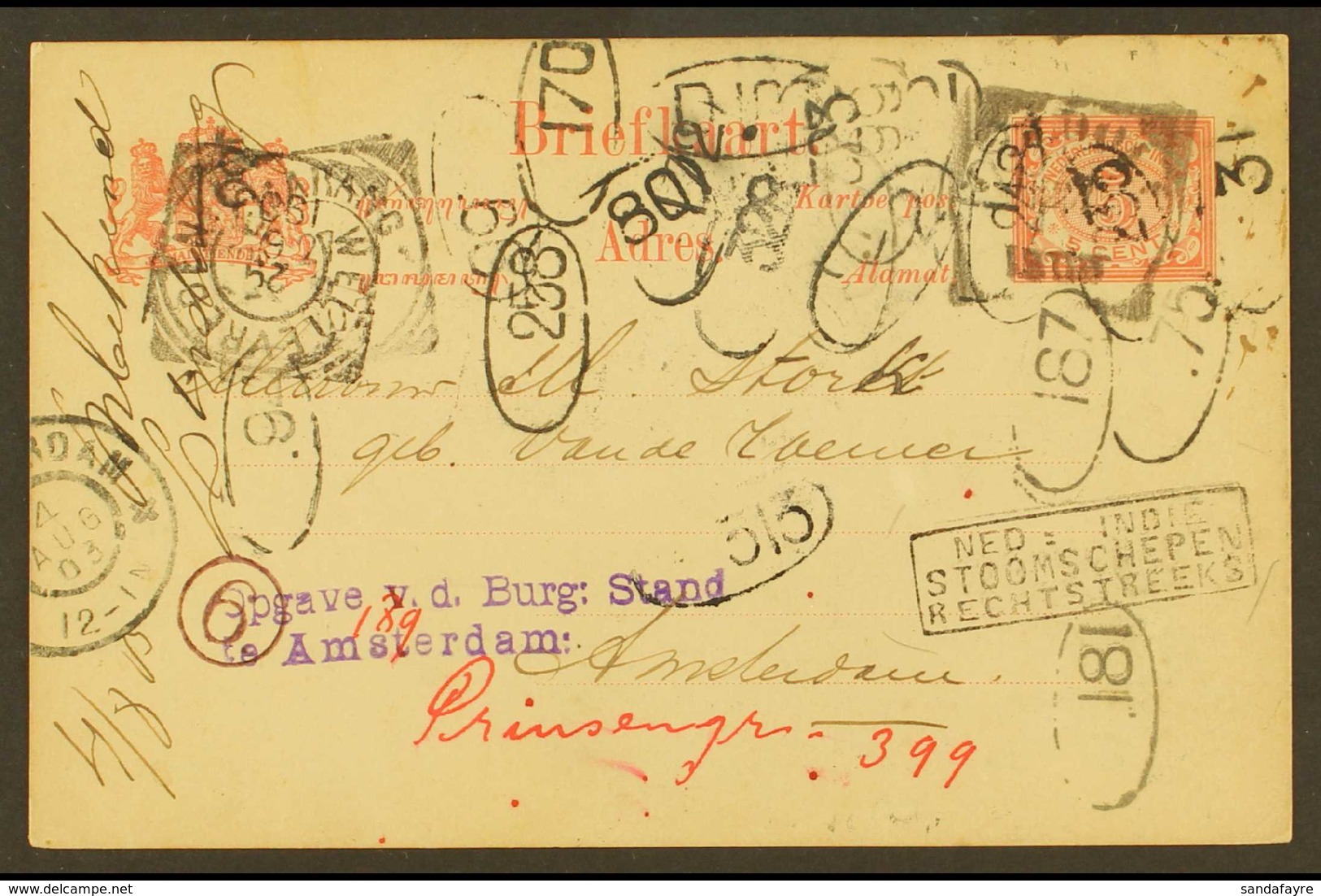 1903 Netherlands Indies 5c Postal Card To Amsterdam Bearing 'Direct Steamship' Boxed Cachet; Address Unknown But Still R - Sonstige & Ohne Zuordnung