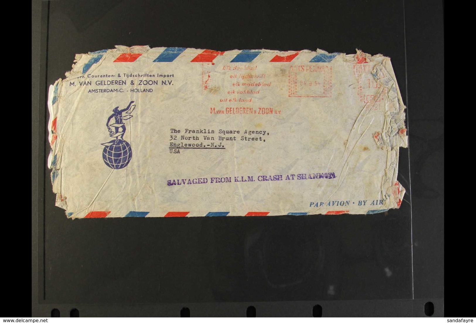 CRASH MAIL 1954 (4 Sept) Meter Mail Cover From Amsterdam To New York With Violet "SALVAGED FROM K.L.M. CRASH AT SHANNON" - Sonstige & Ohne Zuordnung