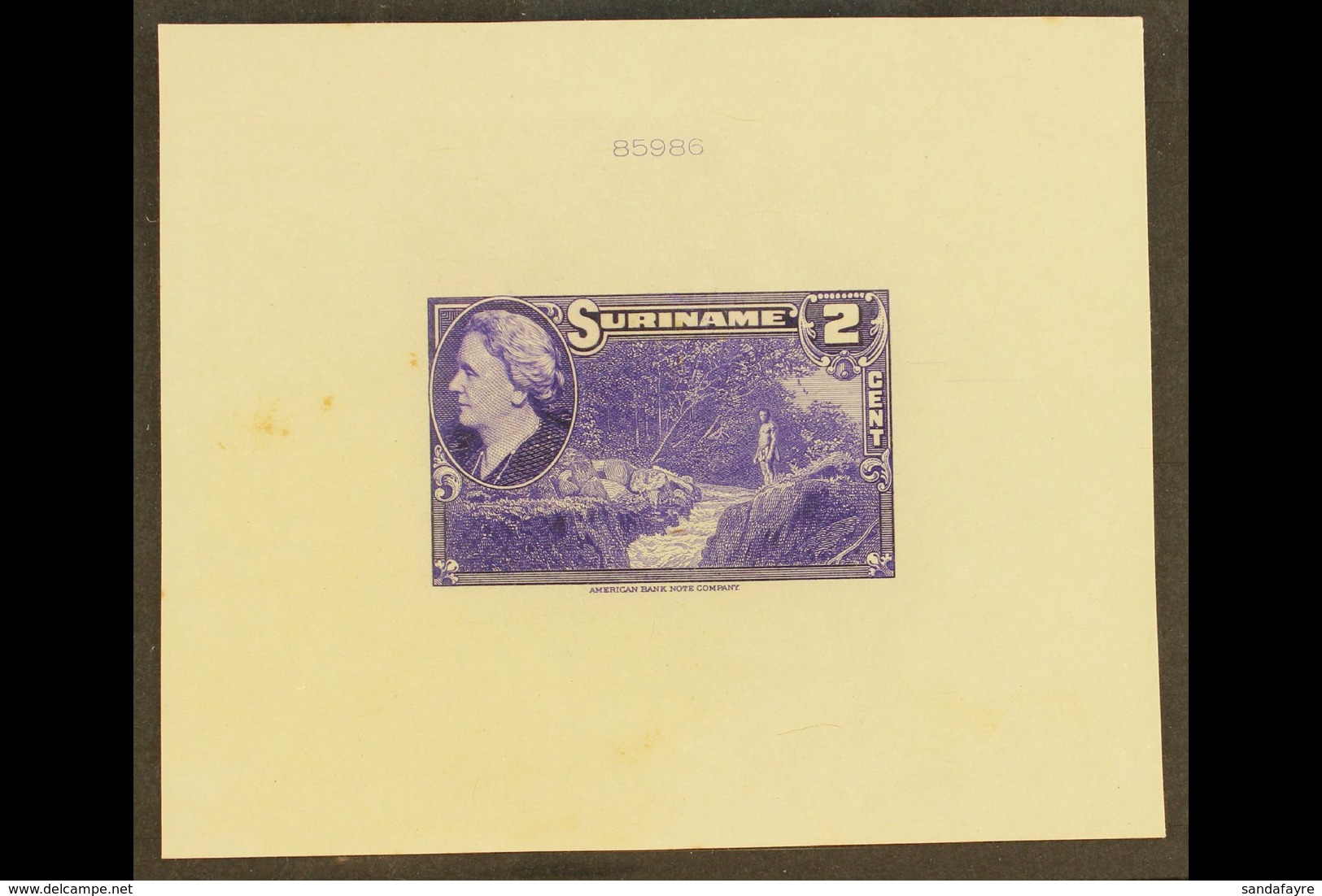 SURINAM 1945 2c Violet Native And Stream (as SG 315, Scott 186) - An American Bank Note Company DIE PROOF On Card, Overa - Sonstige & Ohne Zuordnung