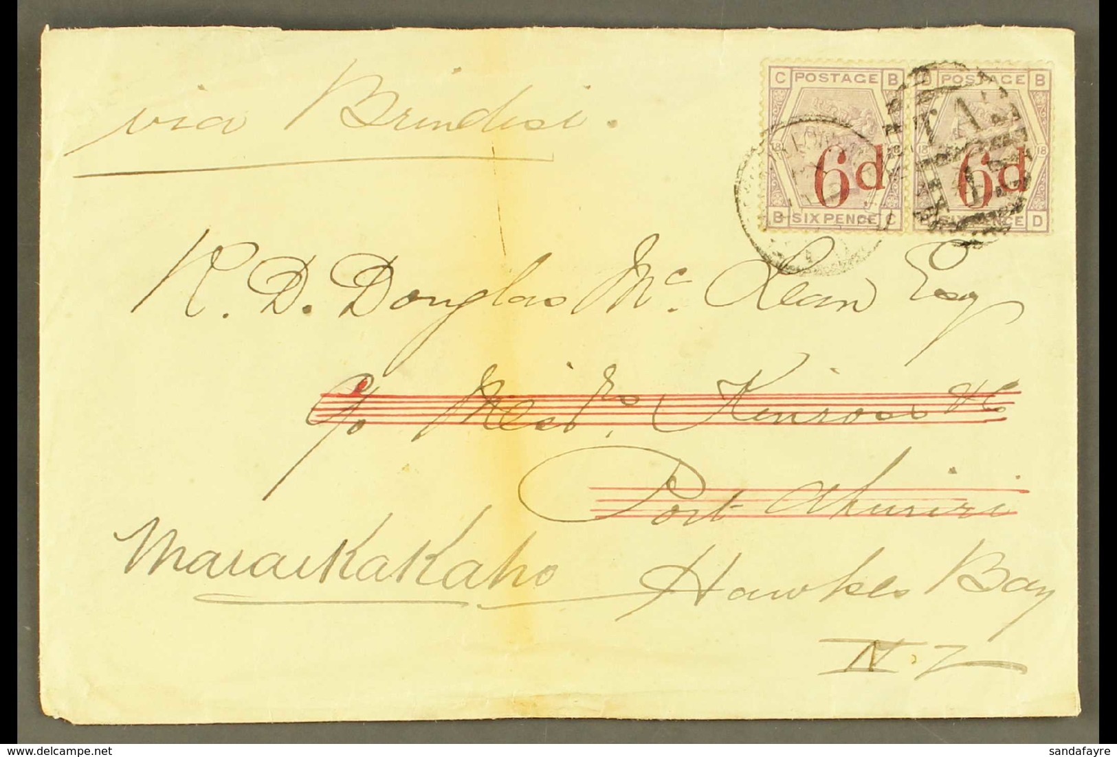 1883 INWARD MAIL (12 Jan) Env From London To Port Ahuriri, Hawks Bay Then Redirected To Maraekakaho Bearing A Pair Of GB - Sonstige & Ohne Zuordnung