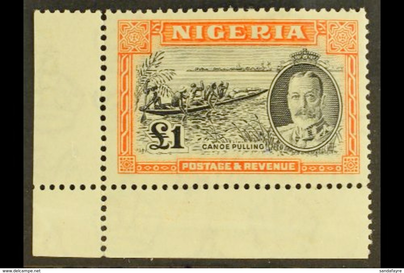 1936 KGV £1 Black And Orange "Canoe Pulling", SG 45, Very Fine Mint Corner Marginal Example. For More Images, Please Vis - Nigeria (...-1960)