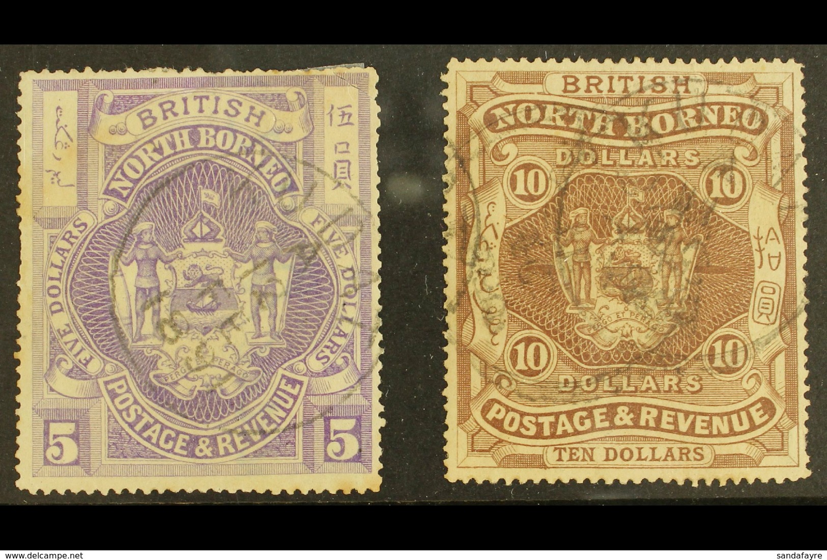 1889 $5 & $10 Values, SG 49/50, Fine Postal Cds Used, The $5 With Various Faults, The $10 Short Perf. Very Scarce (2 Sta - Nordborneo (...-1963)