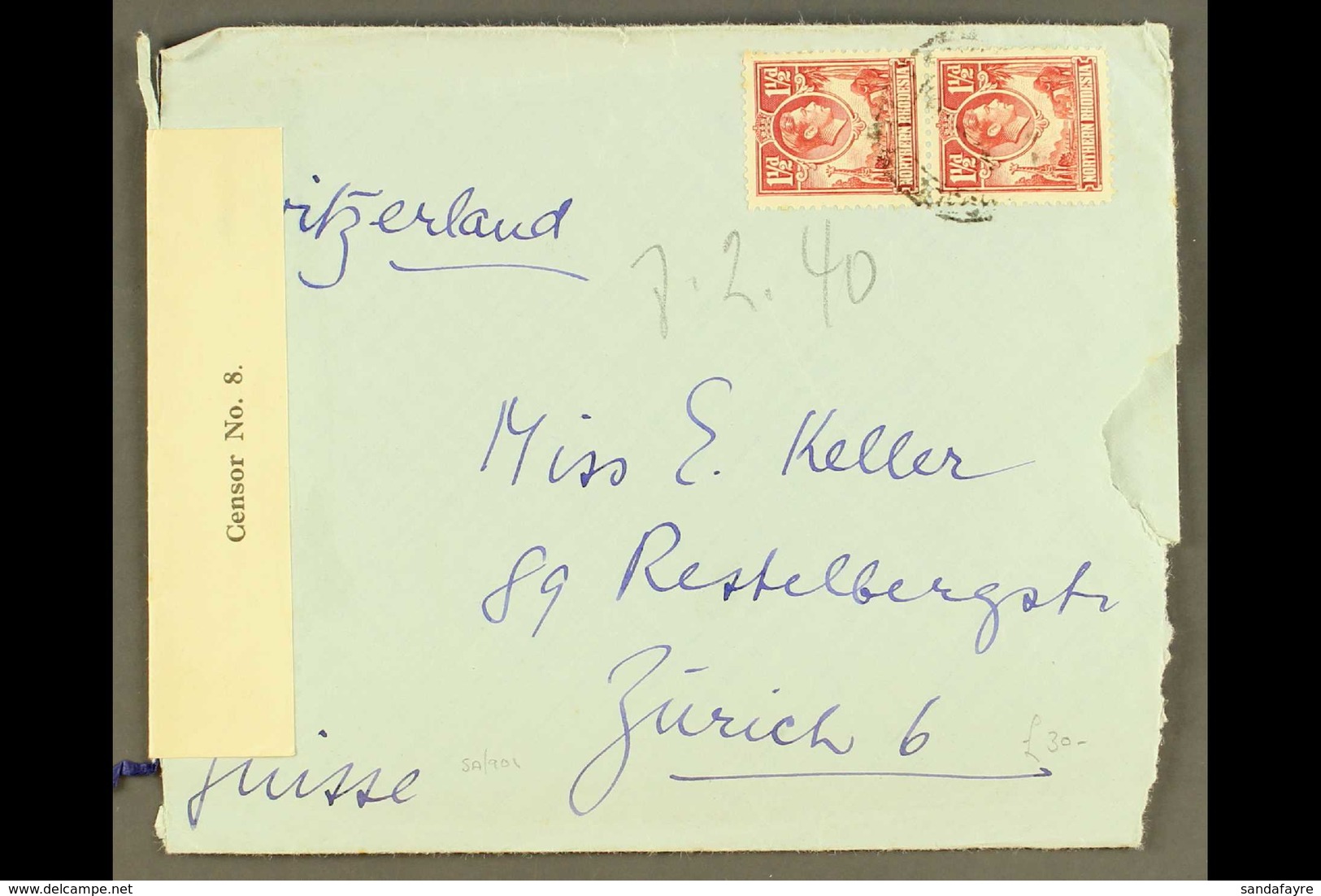 1941 (Feb) Envelope With Original Letter Sesheke To Switzerland (rough Opened At Right), Bearing 1½d Carmine Pair, "NORT - Rhodesia Del Nord (...-1963)
