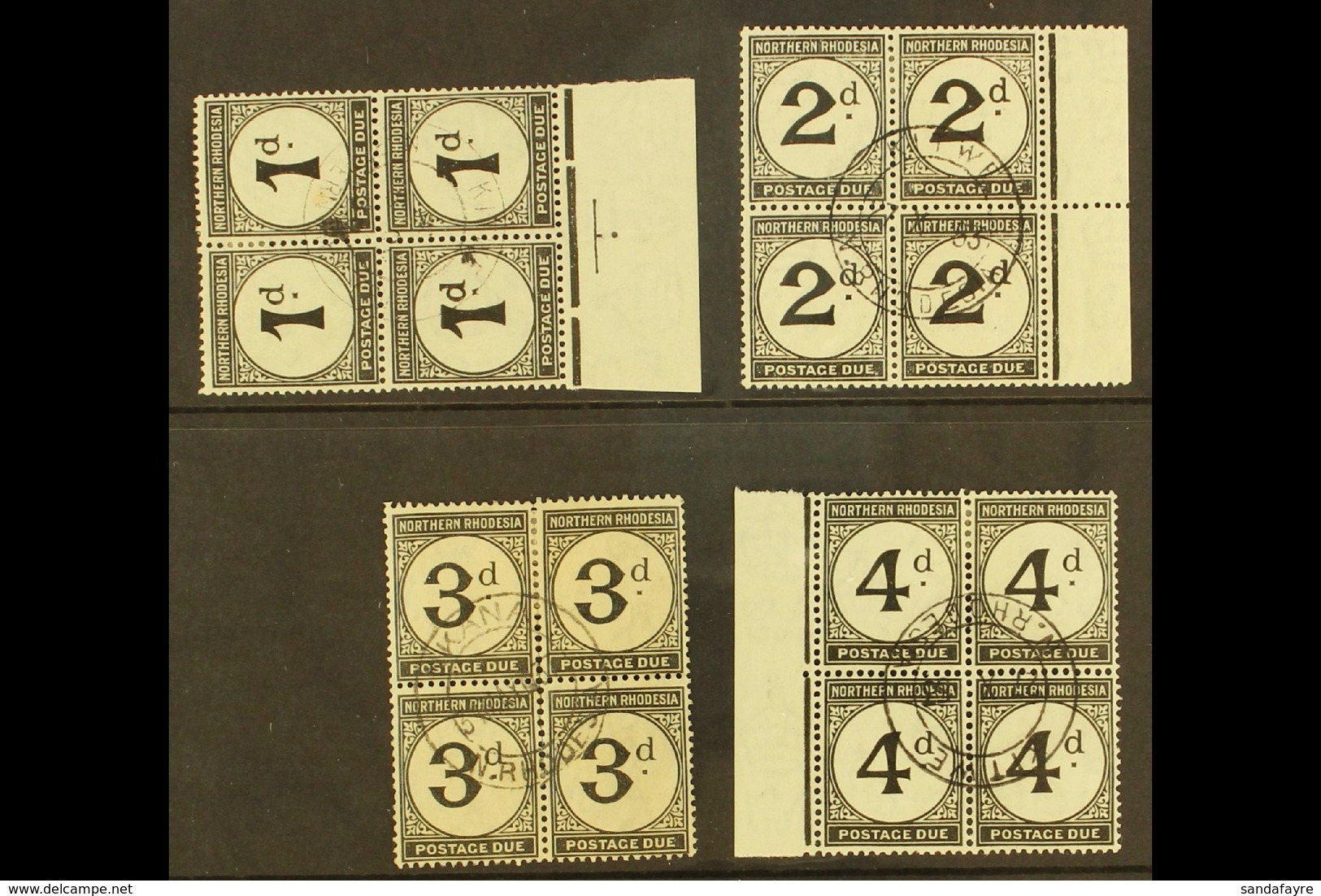 POSTAGE DUES 1929-52 Set On Ordinary Paper, BLOCKS OF 4, SG D1/4, 1d Tone Spot, 3d Slightly Toned Paper, Otherwise Very  - Nordrhodesien (...-1963)