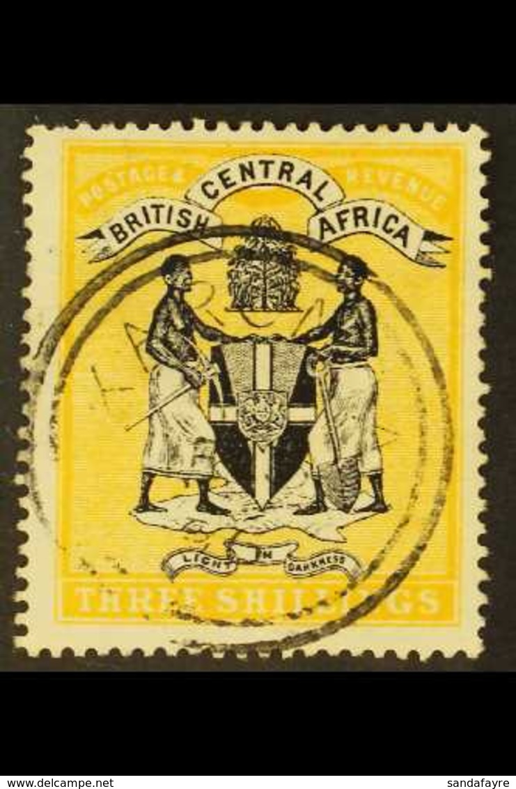 1896 3s Black On Yellow, SG 38, Fine Used With Full "Karonga" Cds Cancel, Fresh. For More Images, Please Visit Http://ww - Nyassaland (1907-1953)