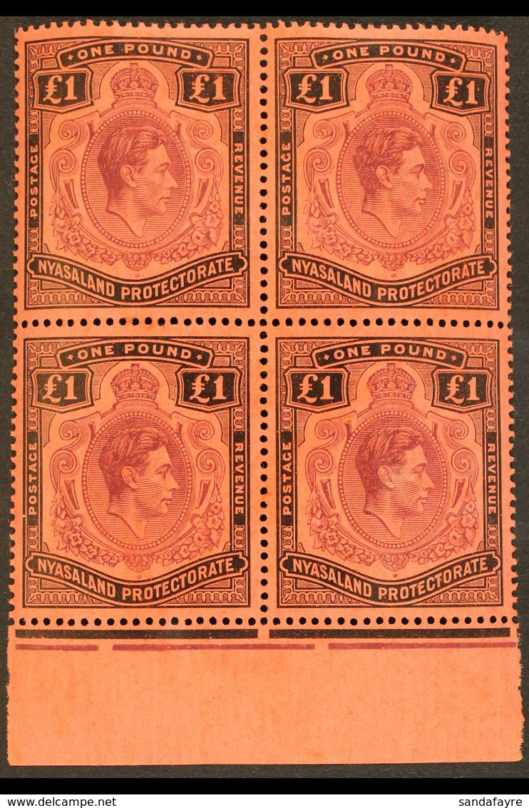 1938-44 £1 Purple And Black / Red BLOCK OF FOUR With Sheet Margin At Base, The Upper- Right Stamps With The Rare SERIF O - Nyassaland (1907-1953)