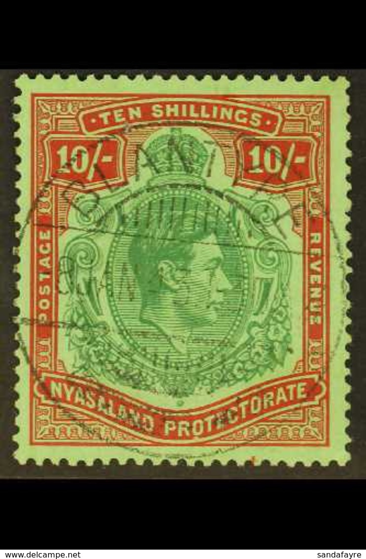 1938-44 10s Emerald & Deep Red On Pale Green, SG 142, Superb Used With Upright 'socked On The Nose' "Blantyre" Cds Cance - Nyassaland (1907-1953)