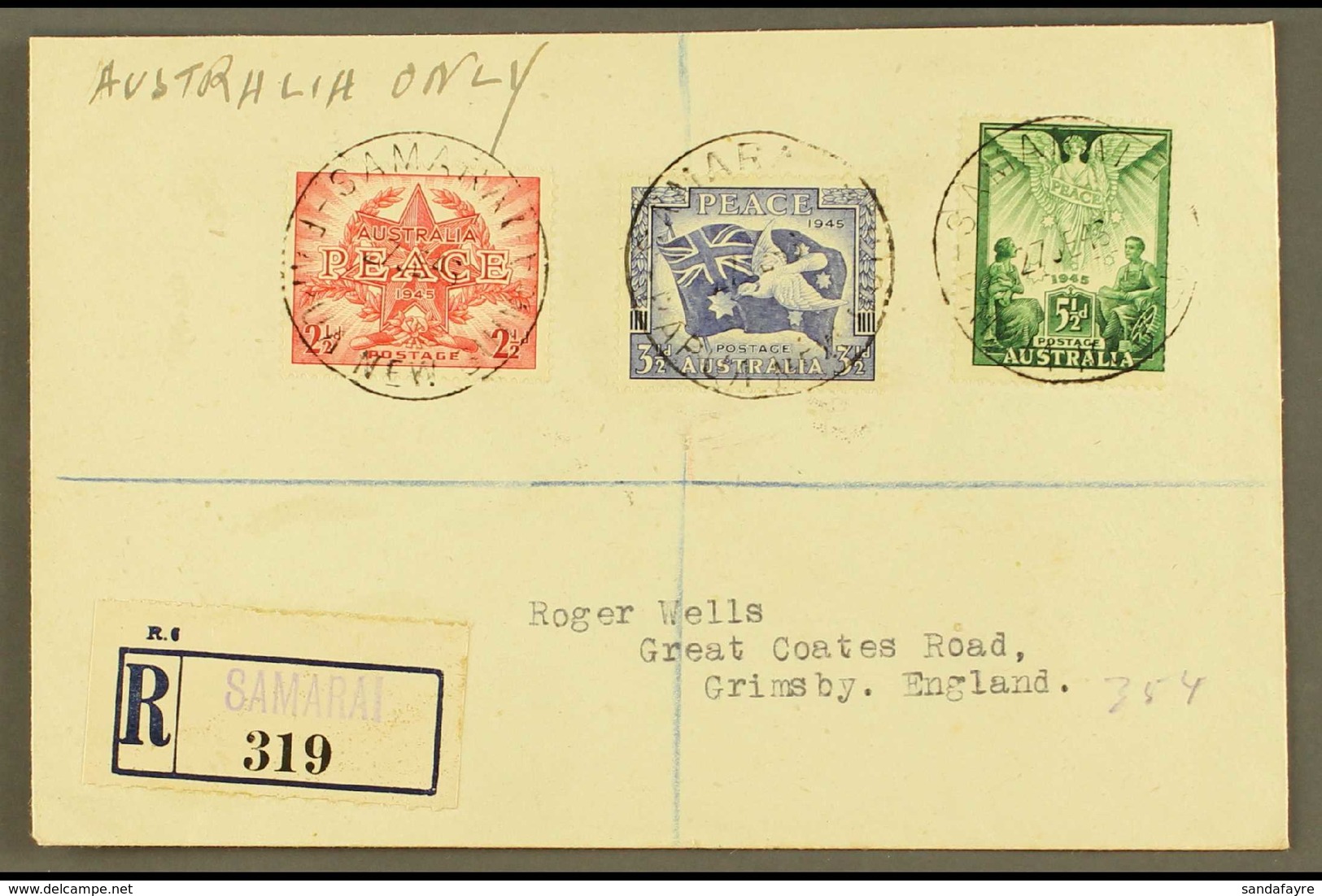 1946 (27 July) Neat "Roger Wells" Registered Cover To England, Bearing Victory Set Tied By Crisp SAMURAI Cds's, Sydney T - Papua-Neuguinea