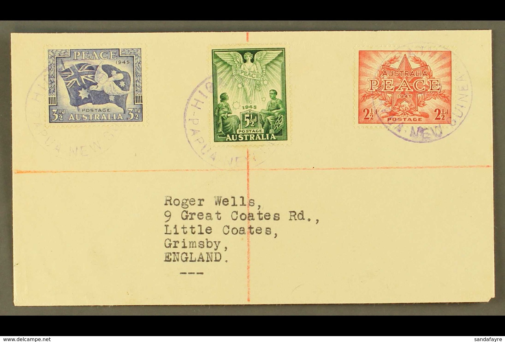 1947 Neat "Roger Wells" Envelope To England, Bearing Australia Peace Set, Tied By Fine HIGATURU Cds's In VIOLET.  For Mo - Papúa Nueva Guinea