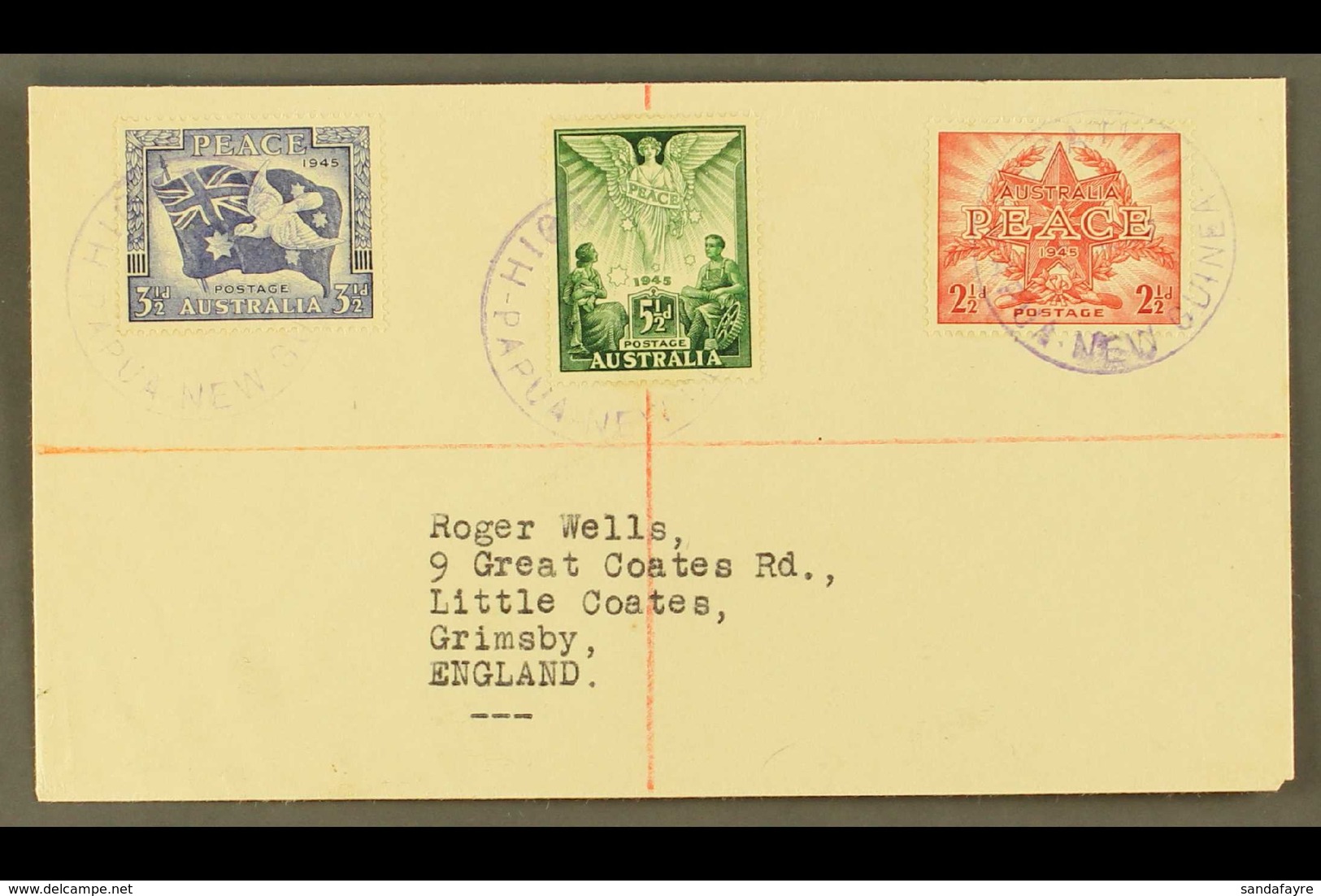 1947 Neat "Roger Wells" Envelope To England, Bearing Australia Peace Set, Tied By Fine HIGATURU Cds's In VIOLET.  For Mo - Papua-Neuguinea